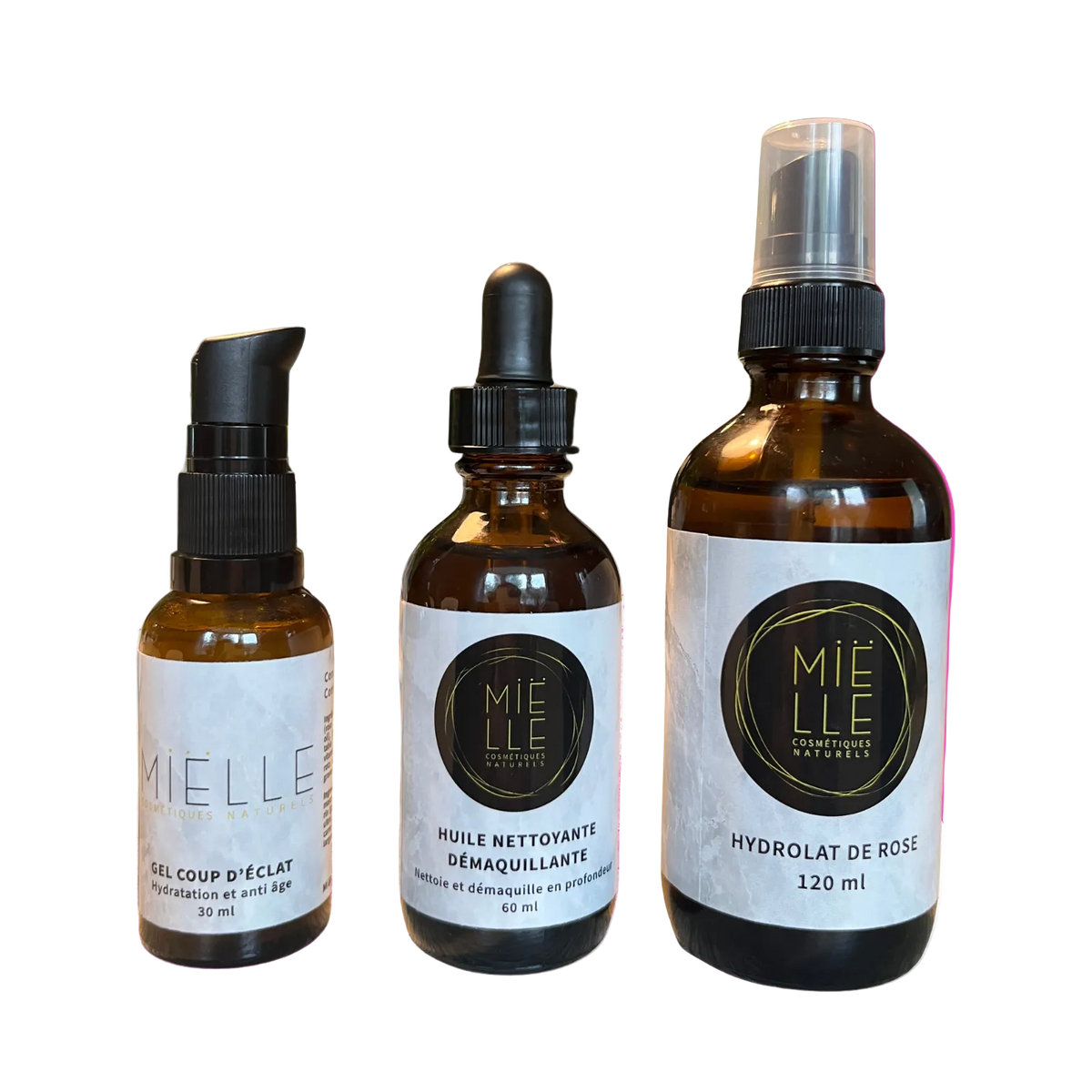 Trio soins du visage: Huile nettoyante démaquillante-Hydrolat de rose-Gel coup d'Éclat