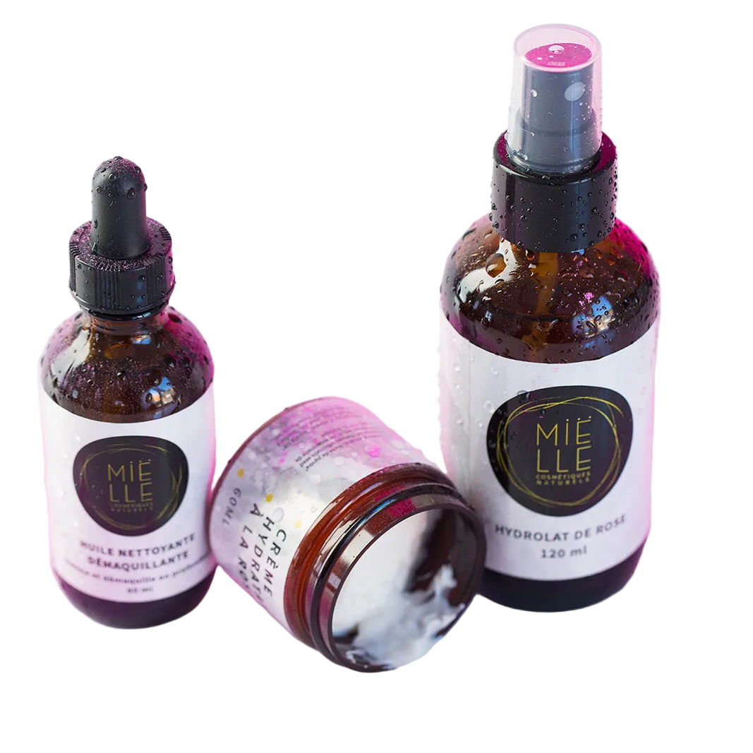 Trio soins du visage : Huile nettoyante démaquillante - Hydrolat de rose - Crème à la rose