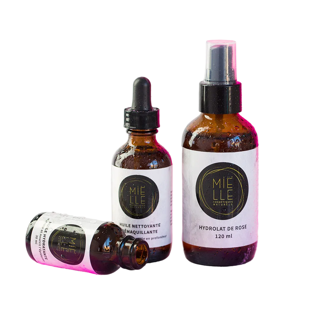Trio soins du visage : Huile nettoyante démaquillante - Hydrolat de rose - Huile hydratante
