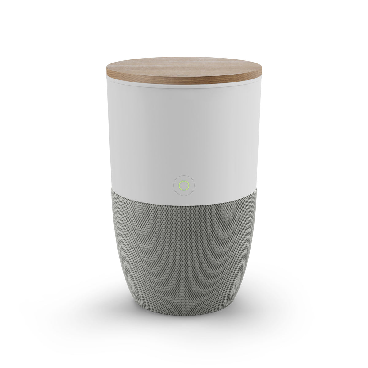 Dupray Bloom air purifier with walnut accent table, on a white background