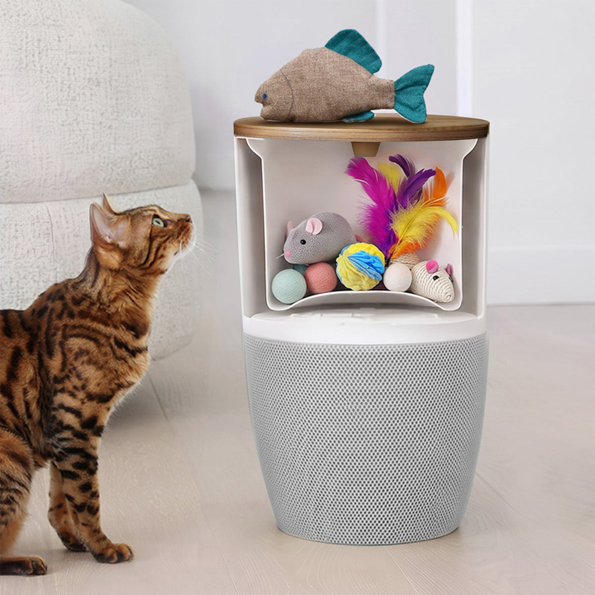 Storage under the walnut top of the Bloom air purifier, filled with cat toys