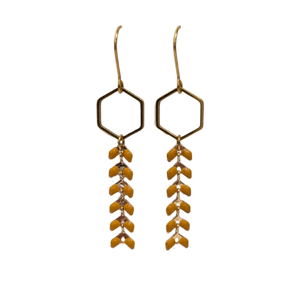 Boucles d’oreilles chevron | style géométrique | hexagone doré & camel