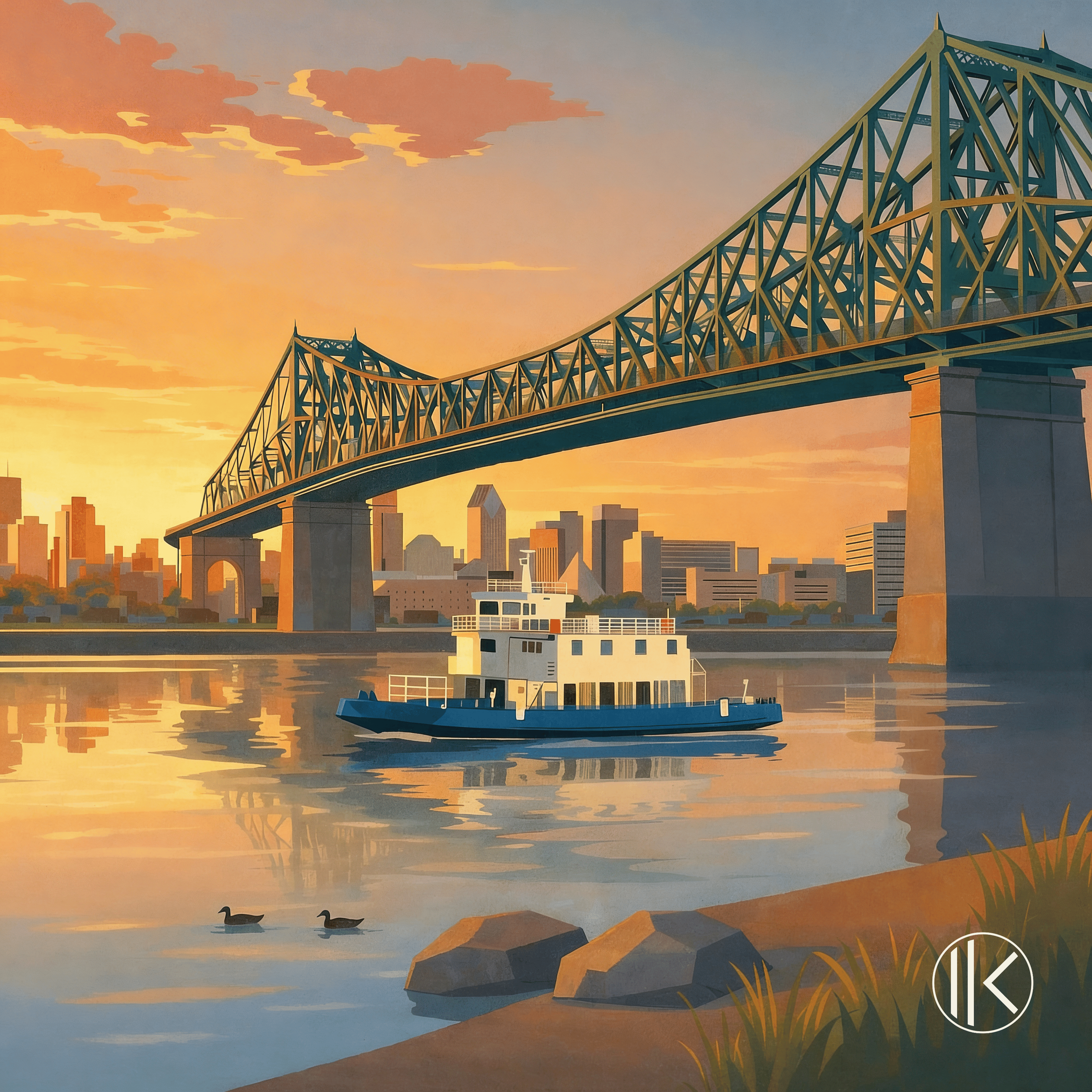 Ikon en bois « Pont Jacques Cartier » de Fabrik Nordik : le pont et un traversier au coucher du soleil