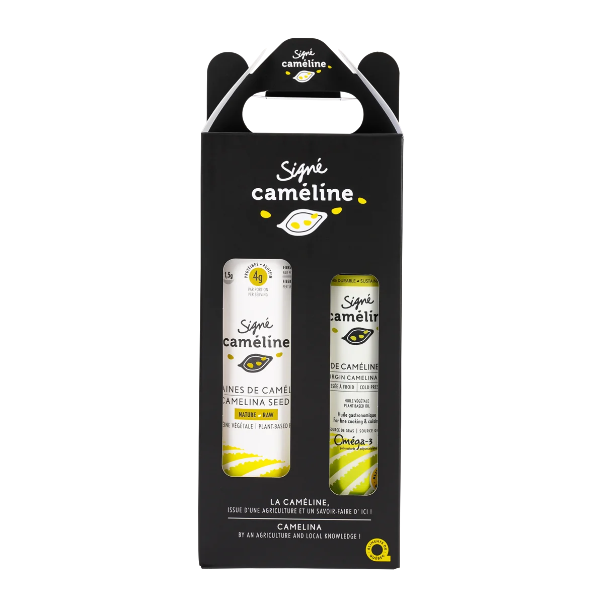 Ensemble huile et graines de caméline torréfiées