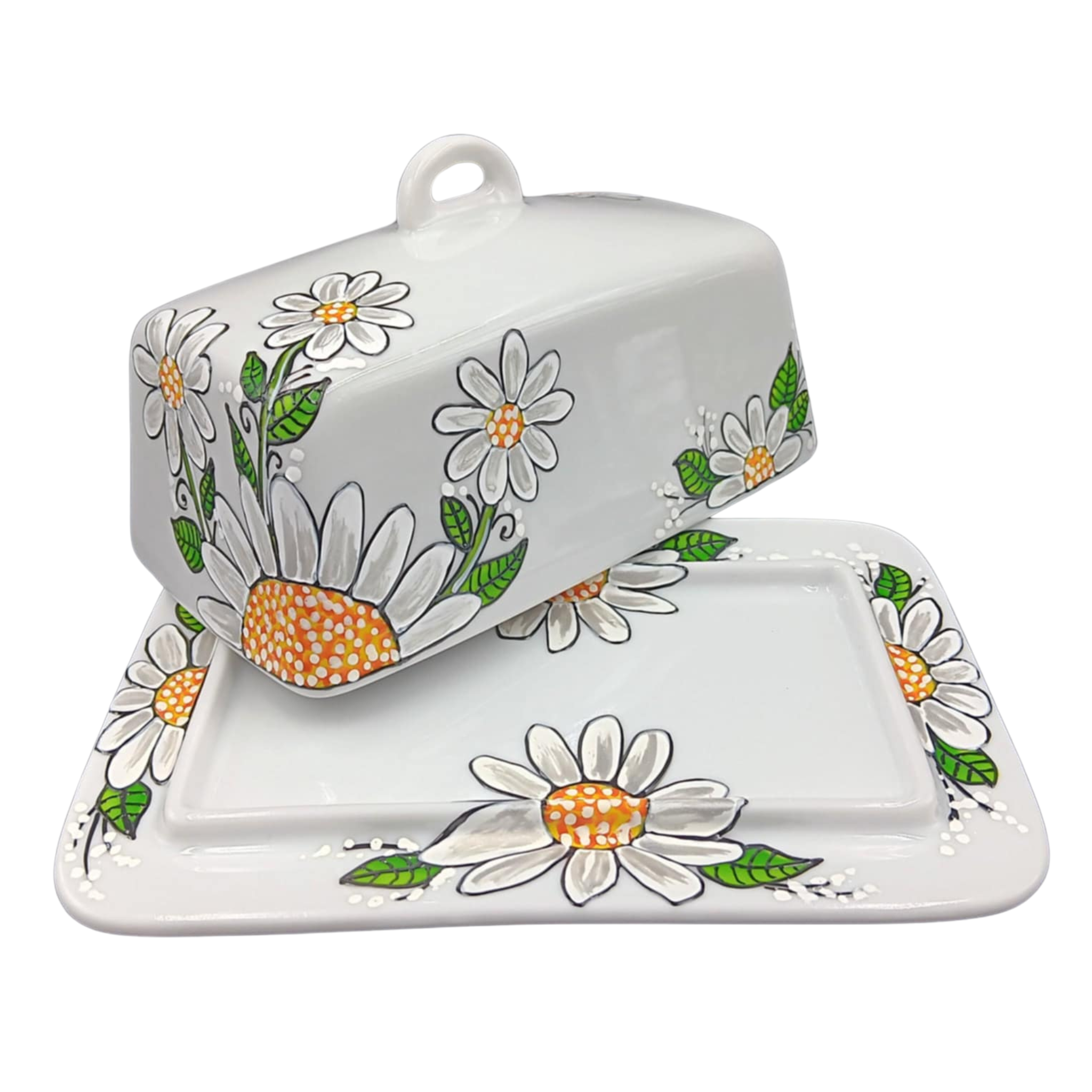 Beurrier en porcelaine marguerites blanches