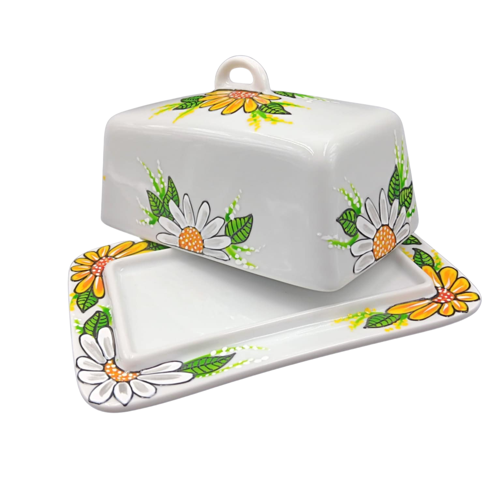 Beurrier porcelaine marguerites jaunes et blanches