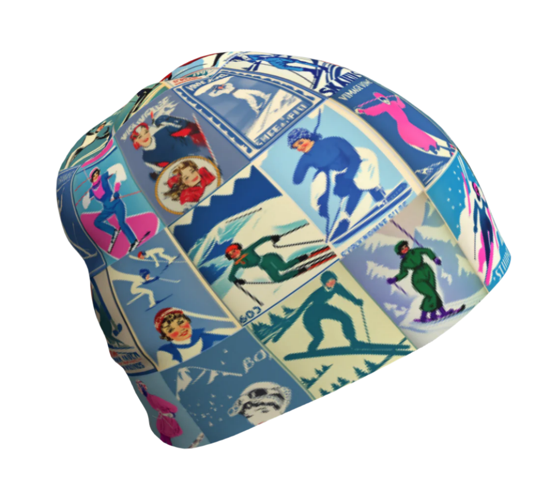 Bonnet avec un motif vintage unique en collage bleu pour femme Ski