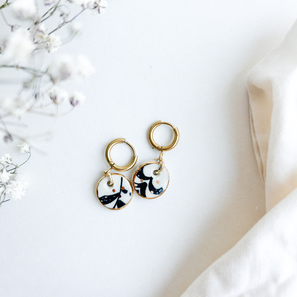 Ceramic earrings Small black printed hoop WAM 0002
