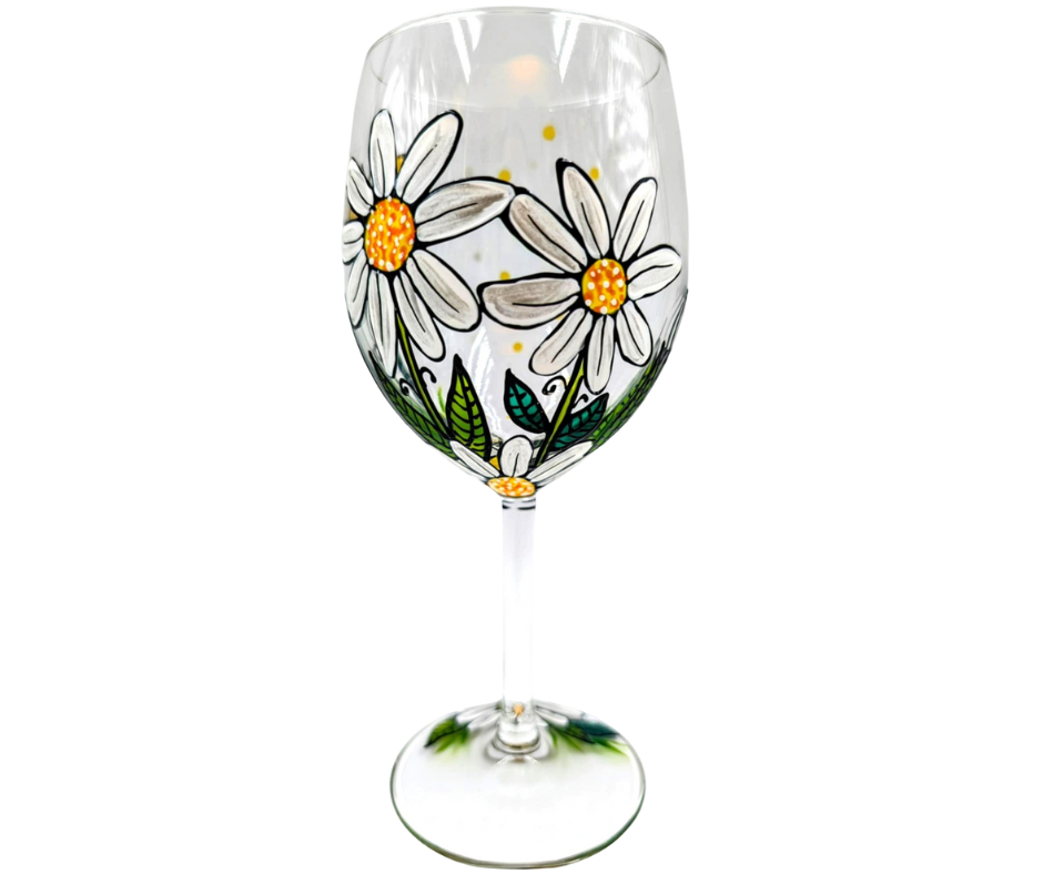 Coupe à vin marguerites blanches & papillon