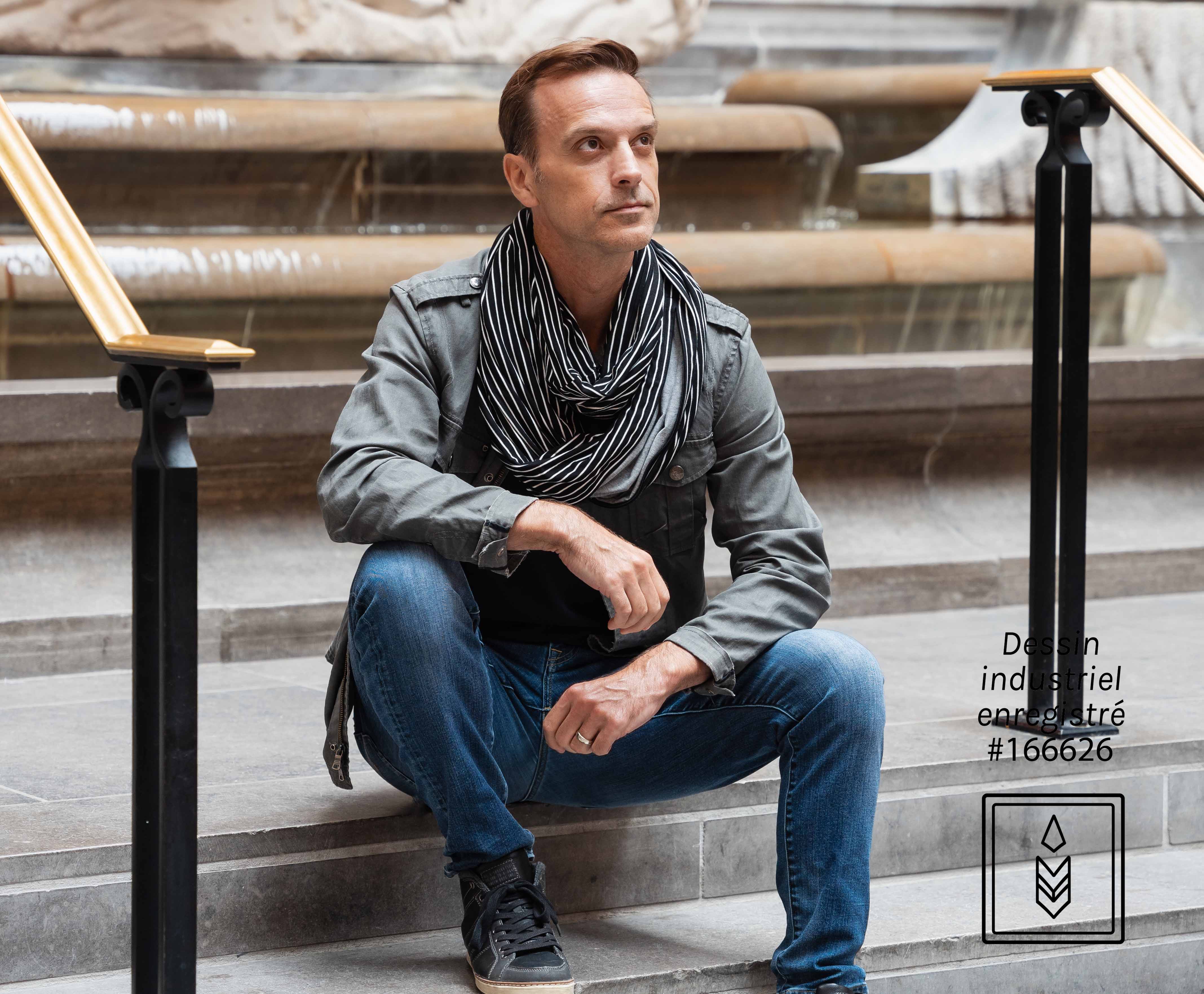 Foulard infini en bambou noir rayé blanc pour homme