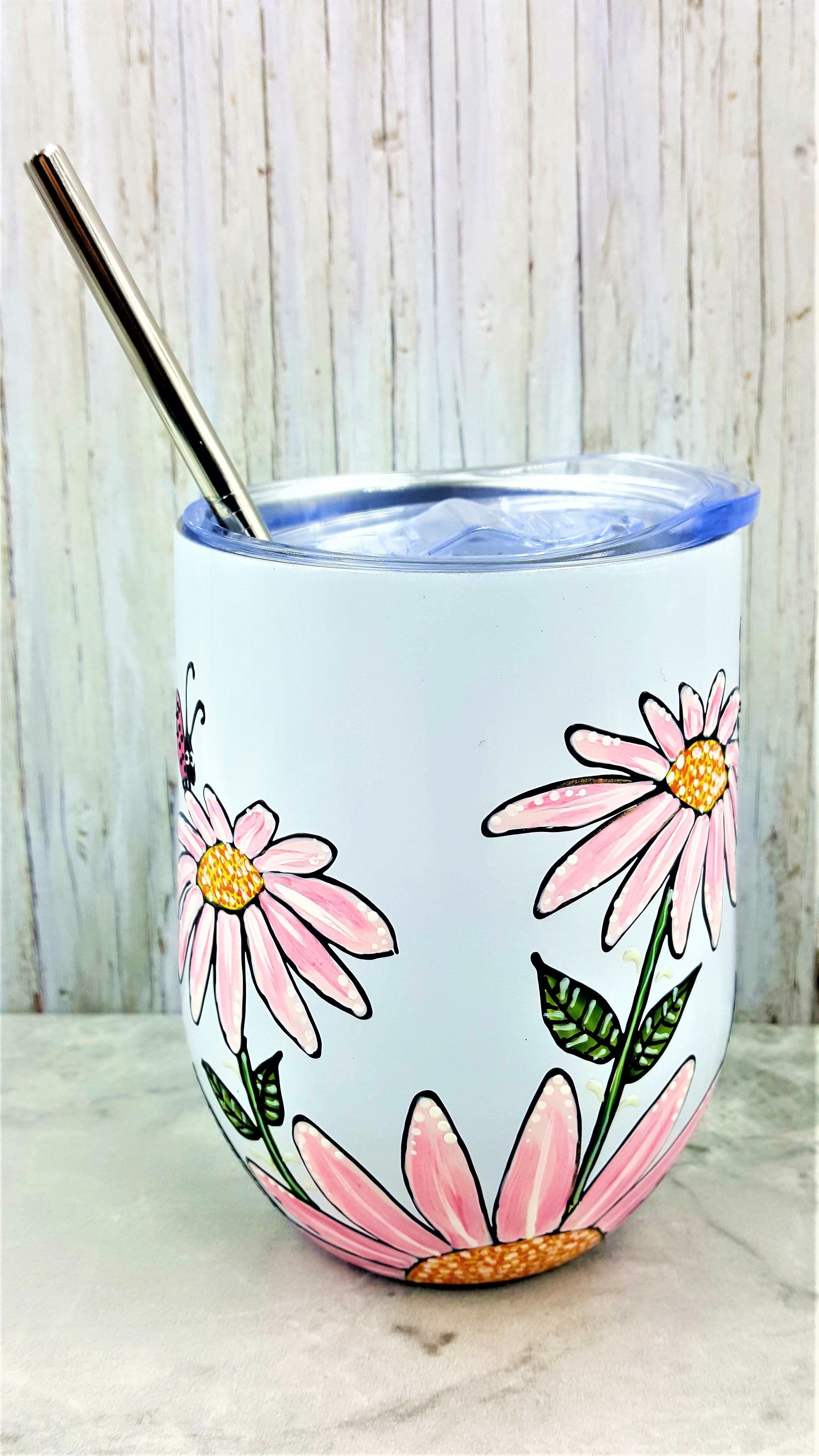 Gobelet isotherme blanc marguerites roses et coccinelles 12 onces (355ml)