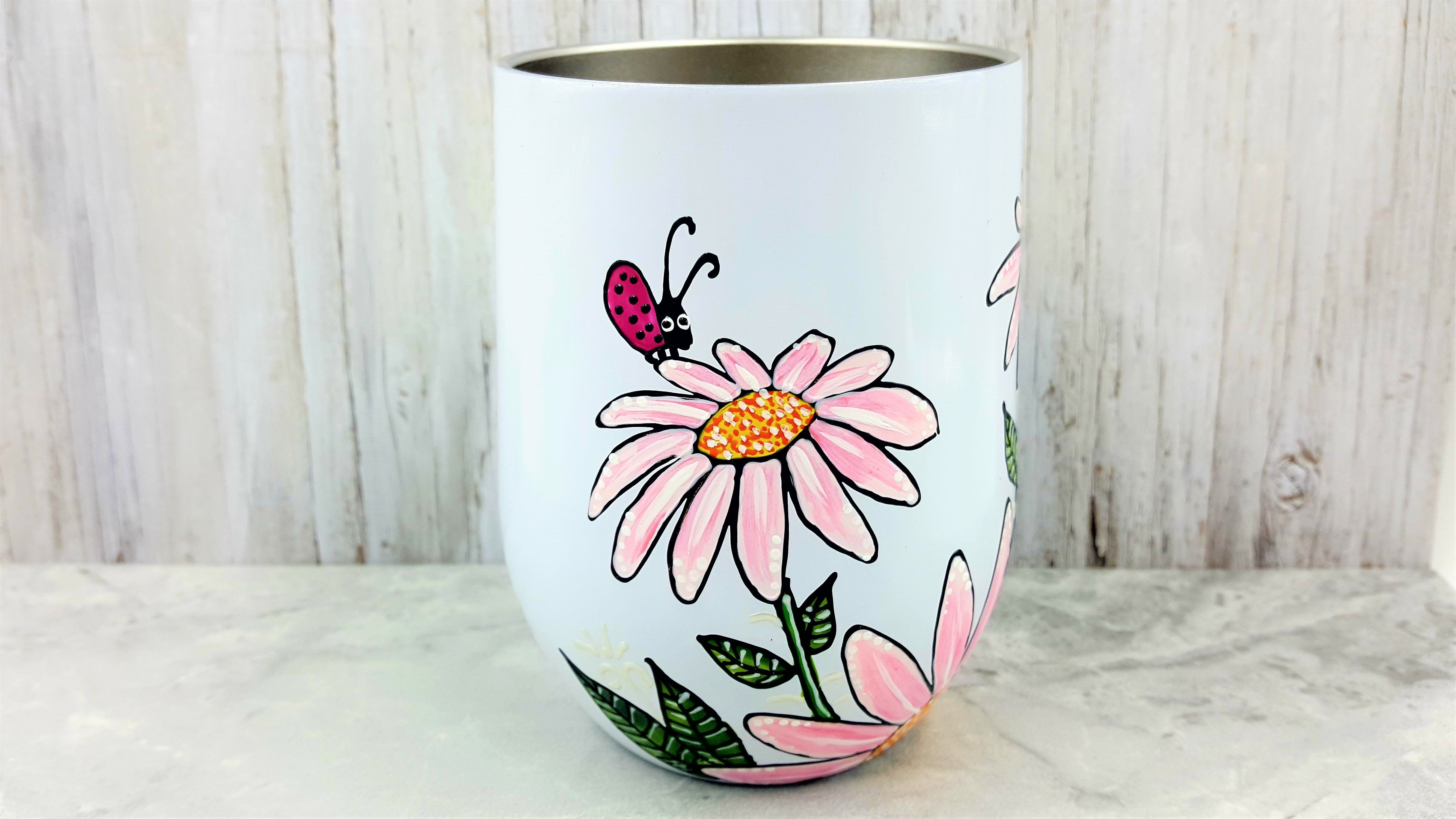 Gobelet isotherme blanc marguerites roses et coccinelles 12 onces (355ml)