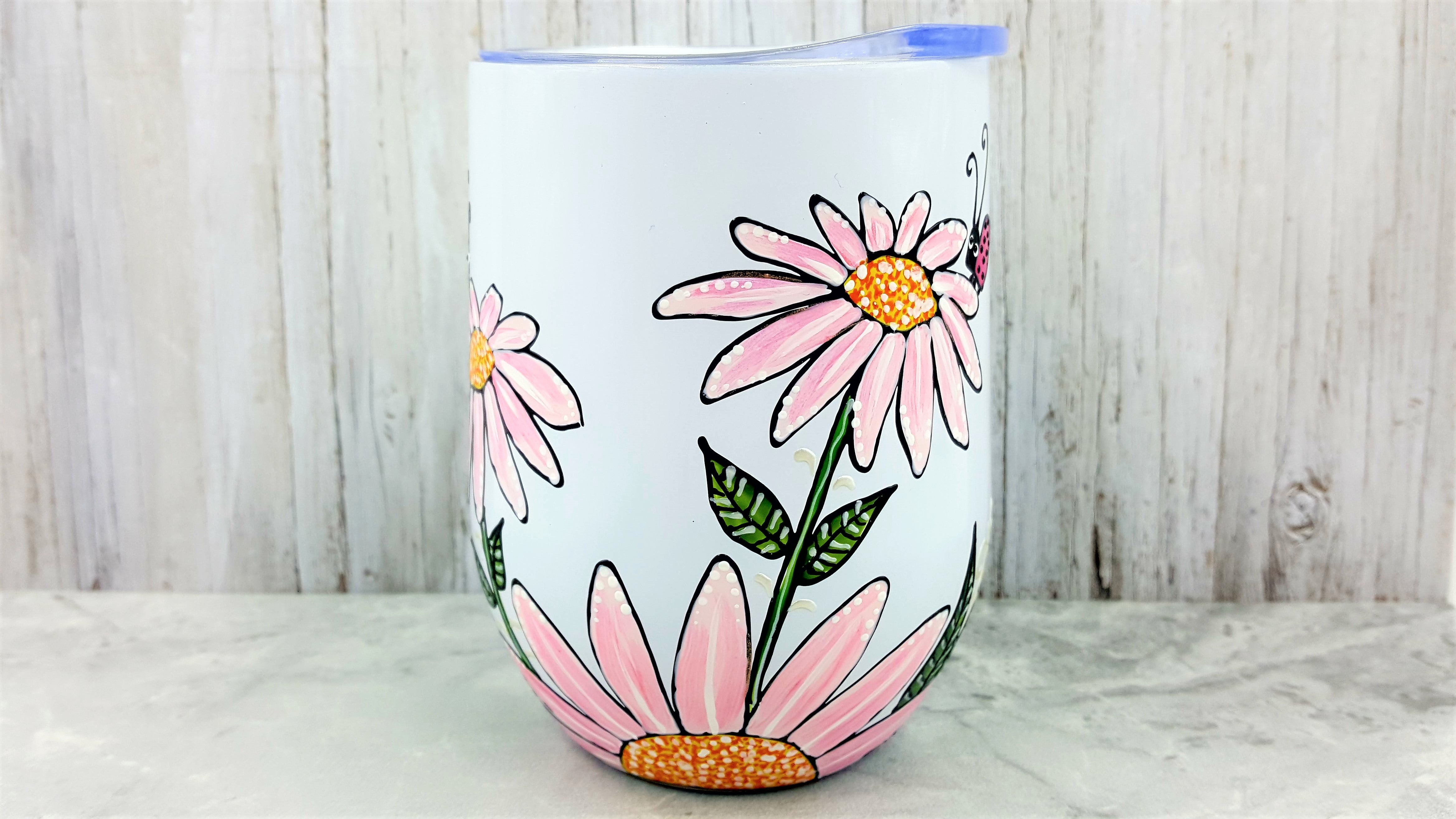 Gobelet isotherme blanc marguerites roses et coccinelles 12 onces (355ml)