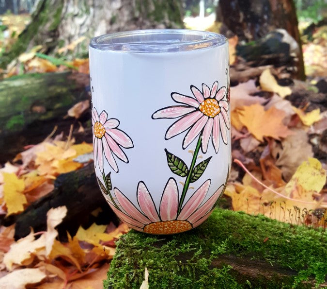 Gobelet isotherme blanc marguerites roses et coccinelles 12 onces (355ml)