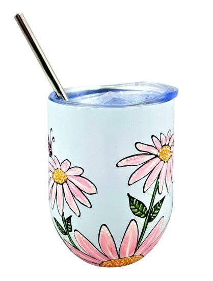 Gobelet isotherme blanc marguerites roses et coccinelles 12 onces (355ml)