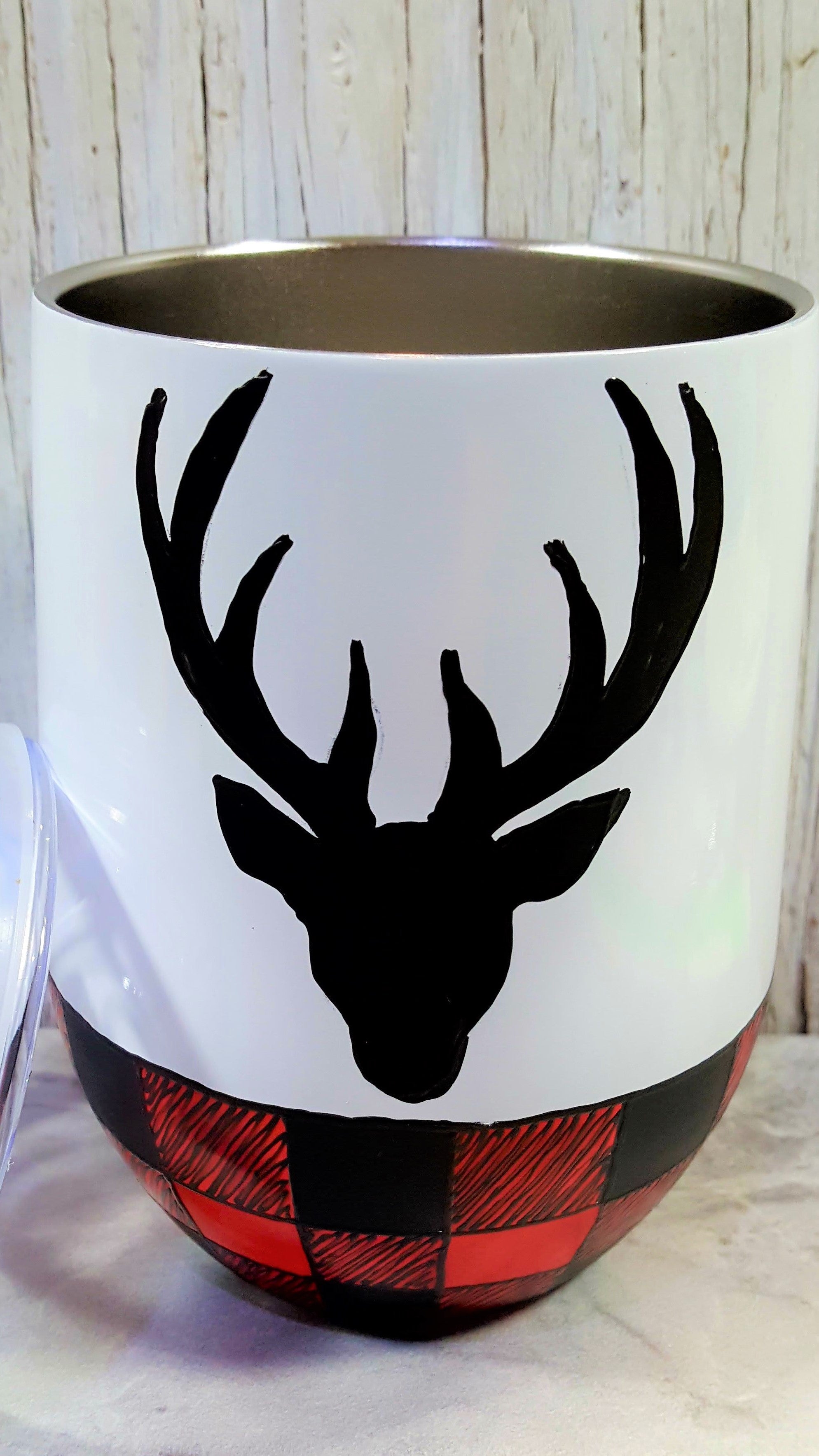 Gobelet isotherme blanc motif carreauté et tête de chevreuil 12 onces (355ml)