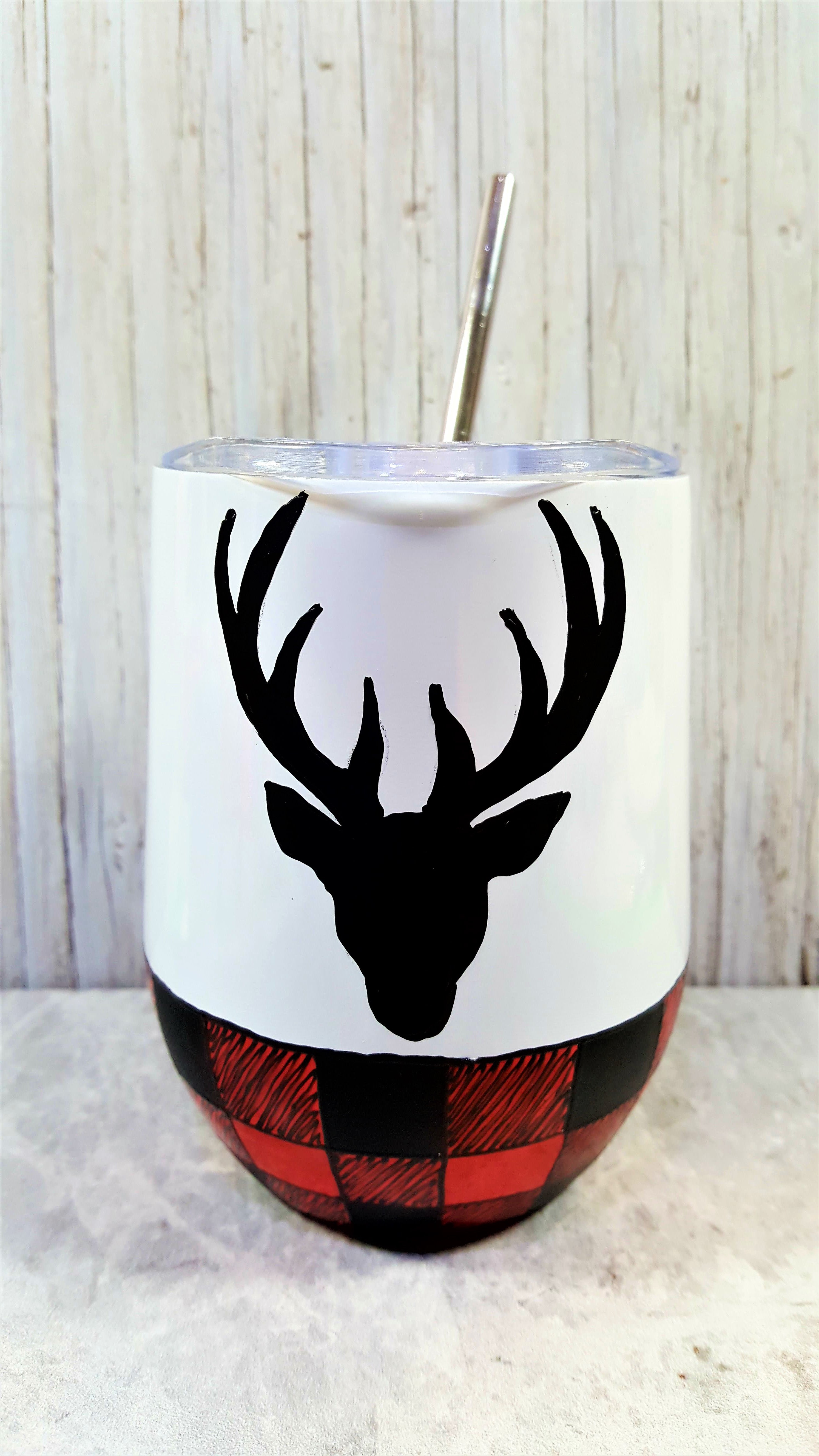 Gobelet isotherme blanc motif carreauté et tête de chevreuil 12 onces (355ml)