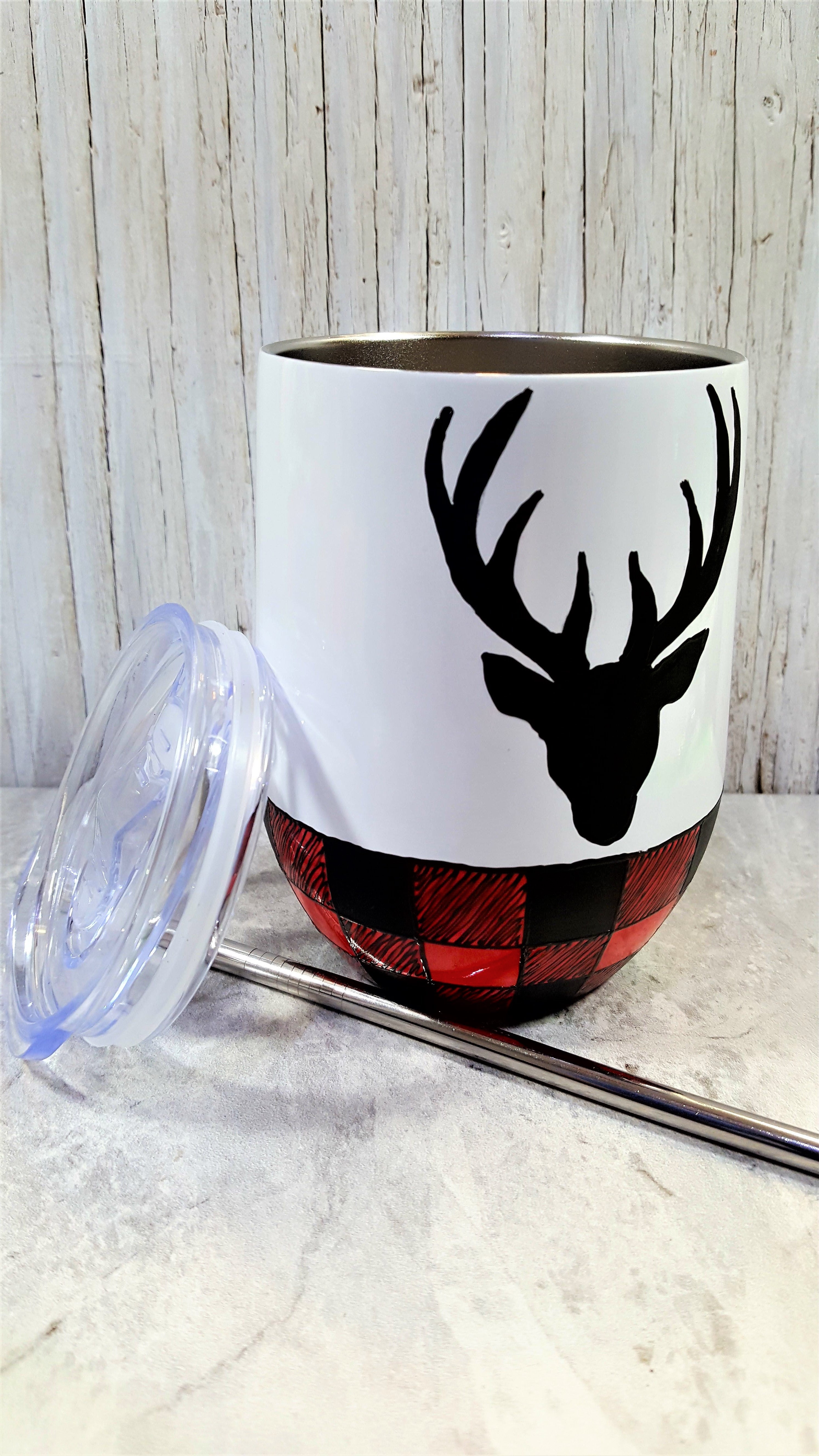 Gobelet isotherme blanc motif carreauté et tête de chevreuil 12 onces (355ml)
