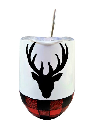 Gobelet isotherme blanc motif carreauté et tête de chevreuil 12 onces (355ml)