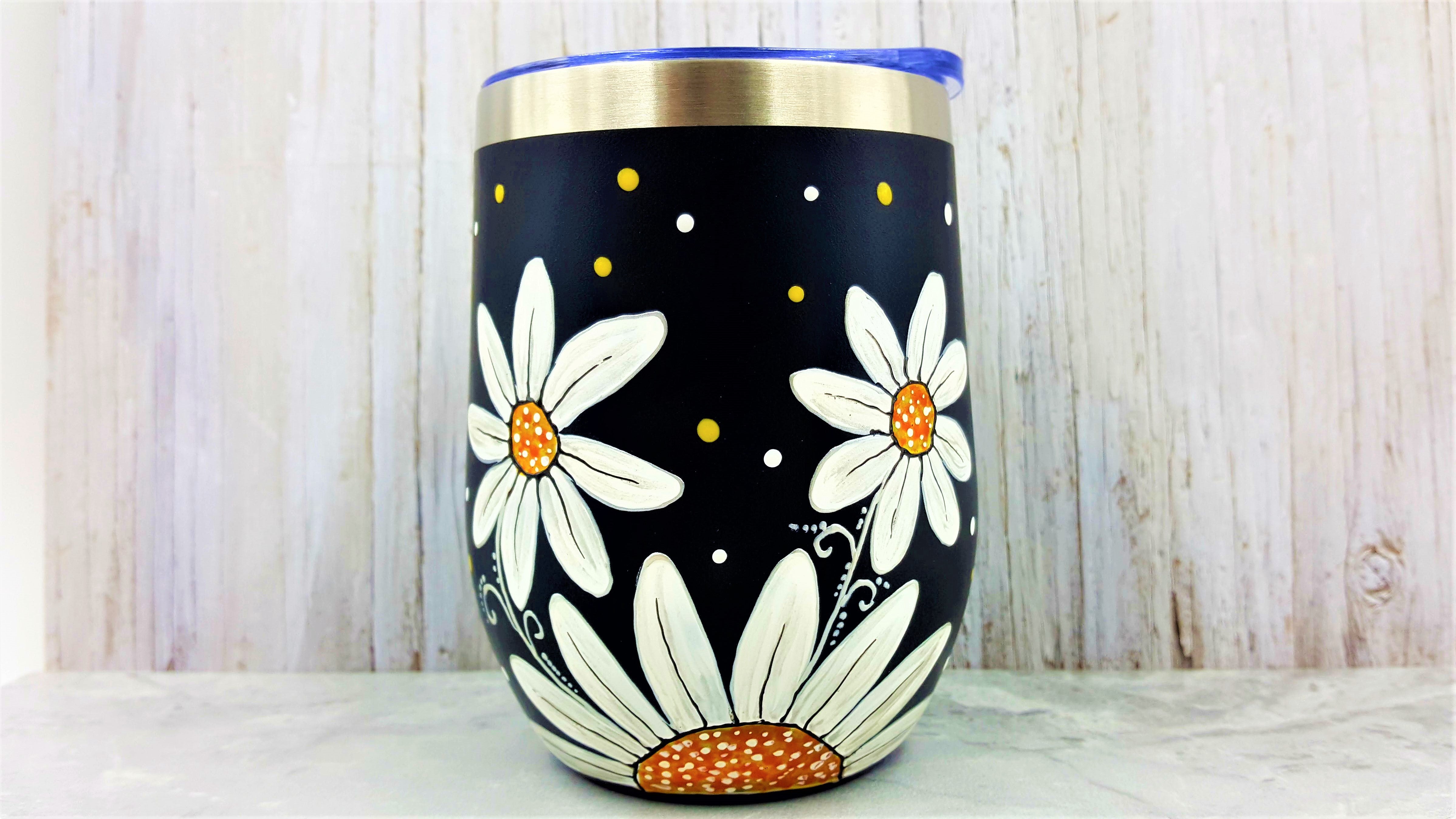 Gobelet isotherme marguerites blanches sur fond noir 12 oz (355ml)