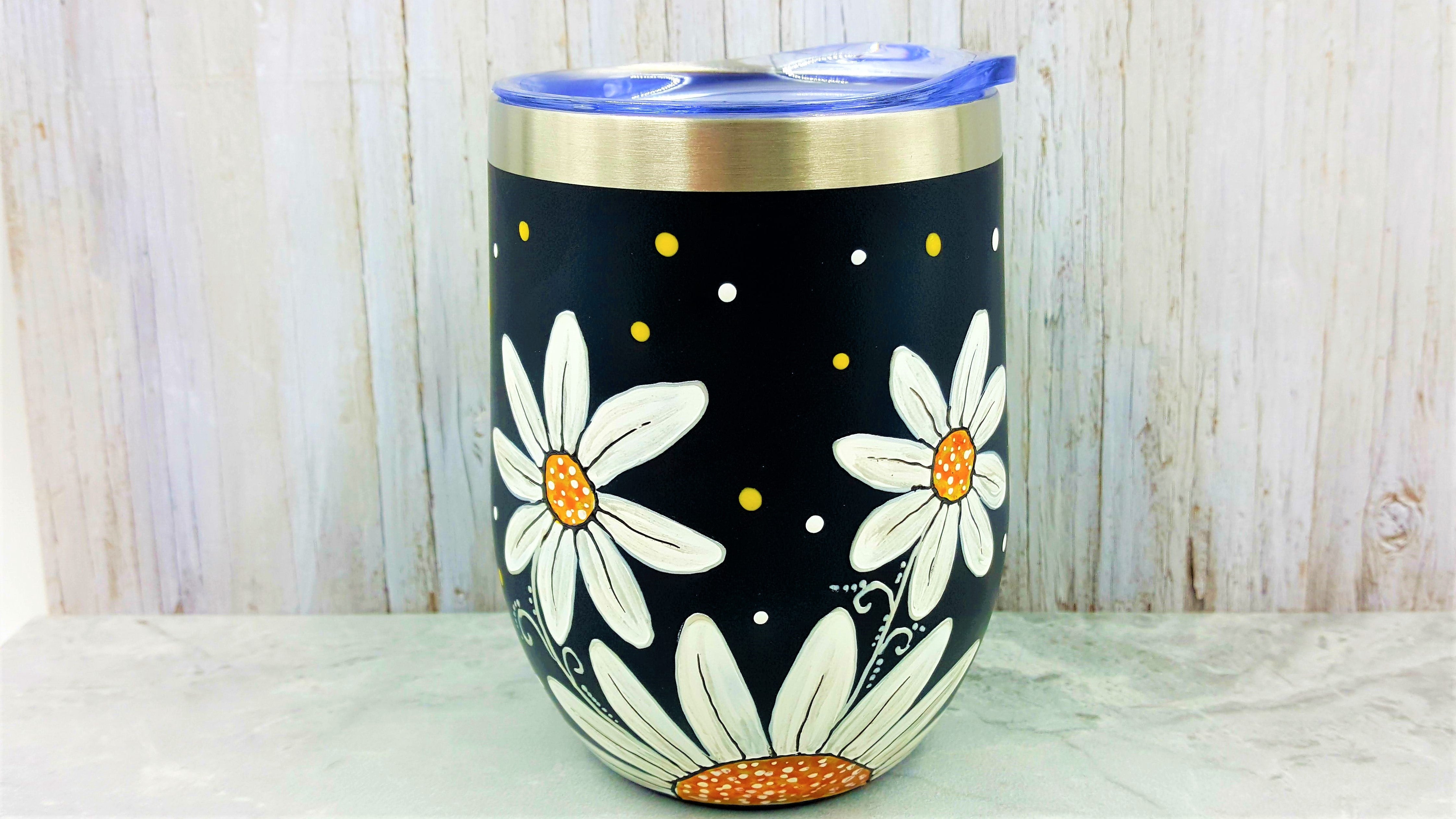 Gobelet isotherme marguerites blanches sur fond noir 12 oz (355ml)