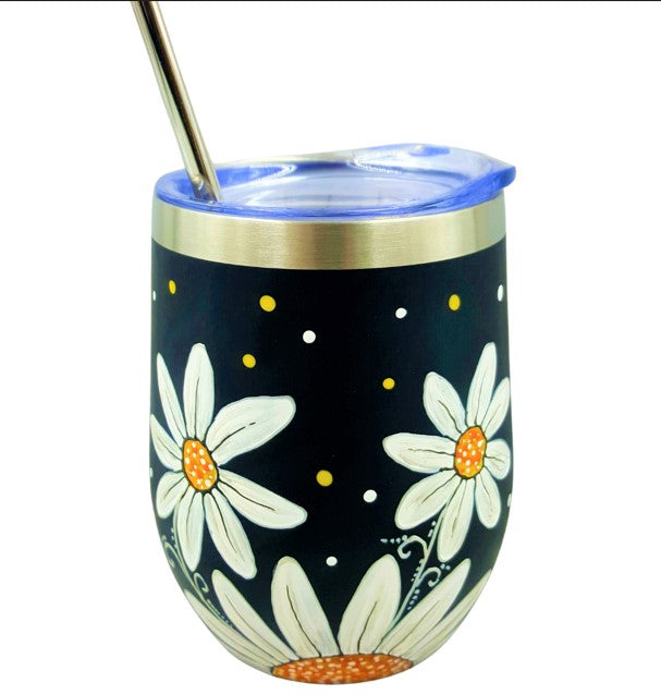 Gobelet isotherme marguerites blanches sur fond noir 12 oz (355ml)