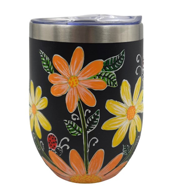 Gobelet isotherme marguerites jaunes et oranges sur fond noir 12oz (355ml)