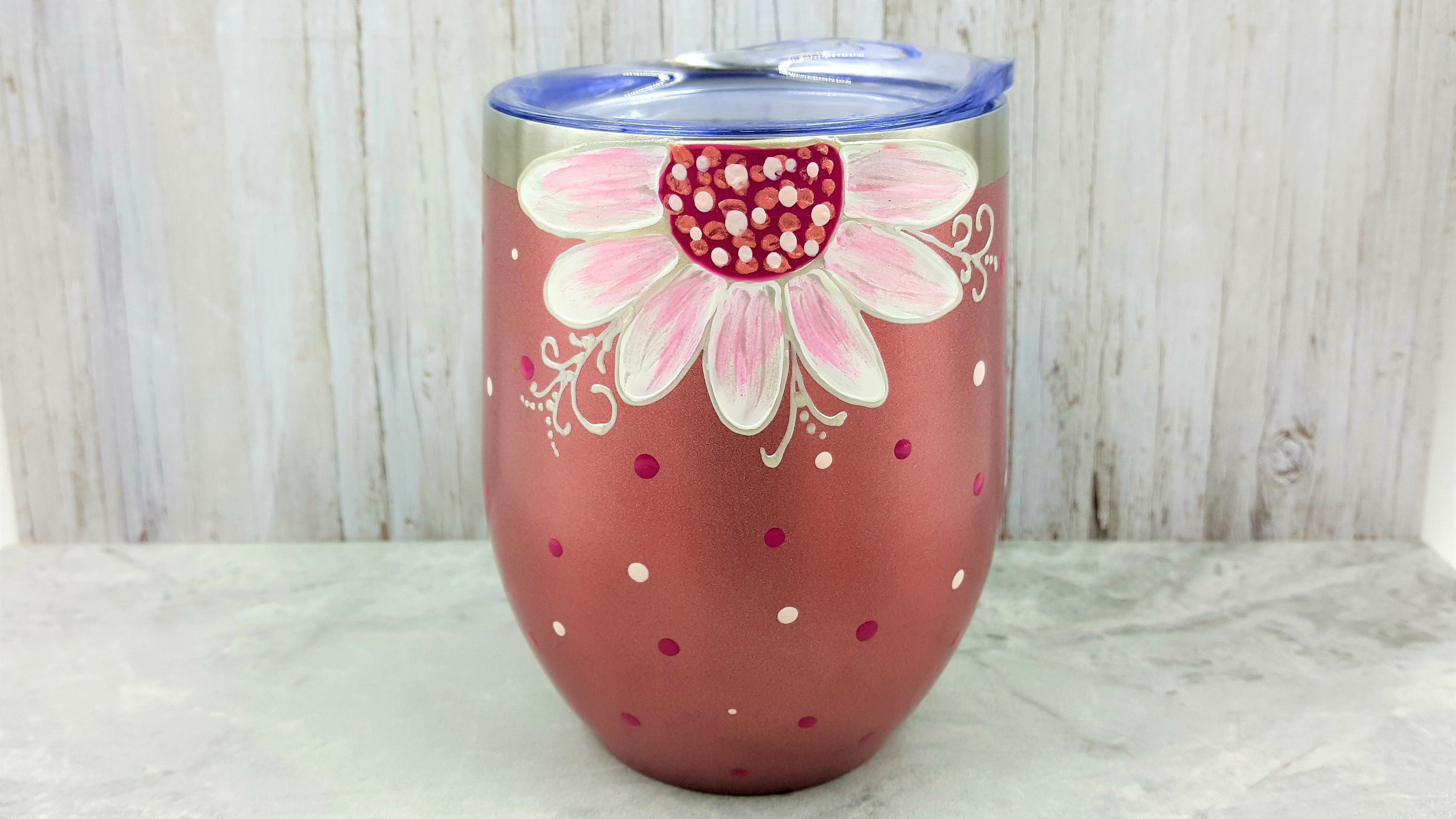 Gobelet isotherme rose marguerites blanches 12oz (355ml)