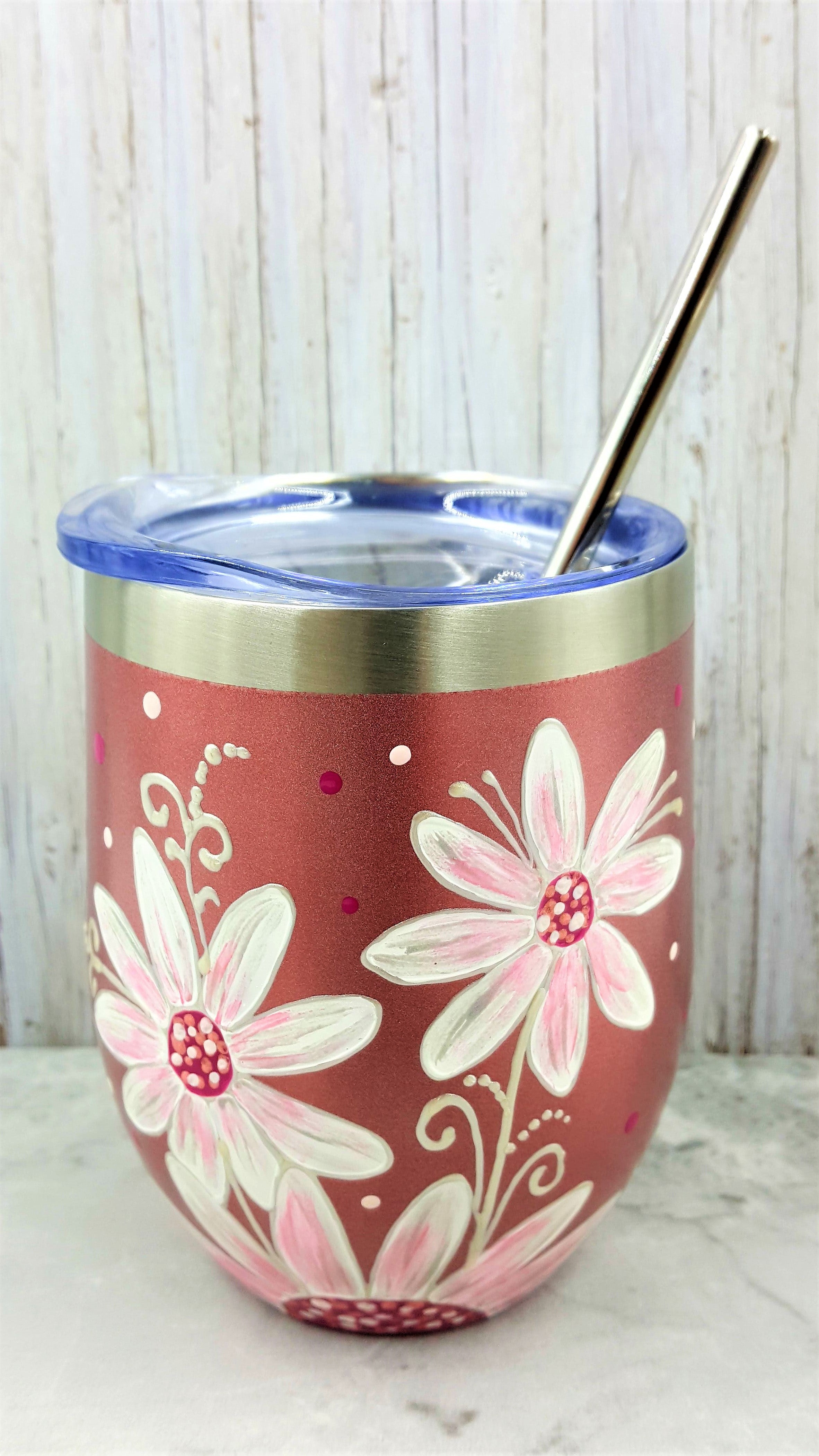 Gobelet isotherme rose marguerites blanches 12oz (355ml)