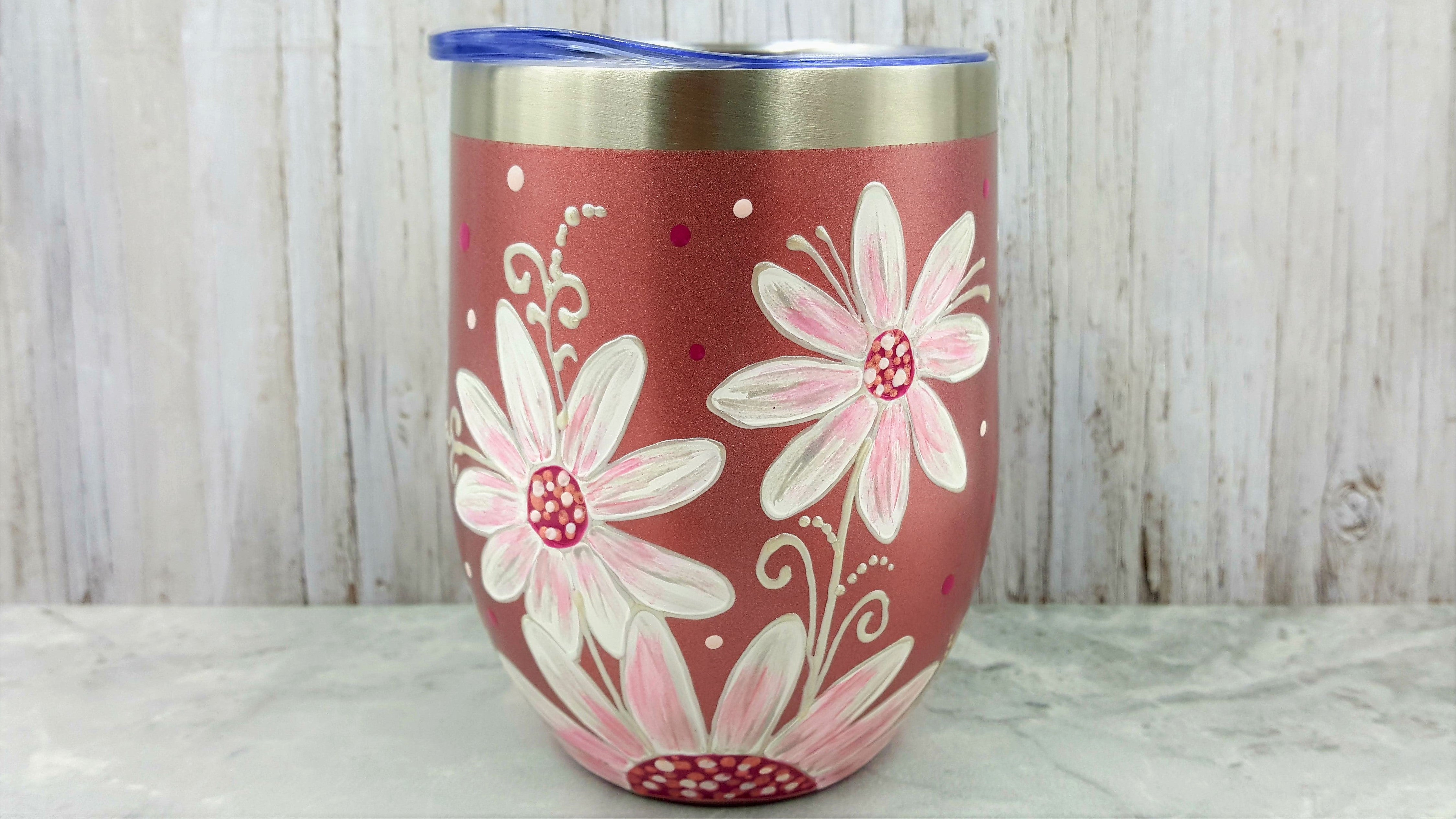 Gobelet isotherme rose marguerites blanches 12oz (355ml)