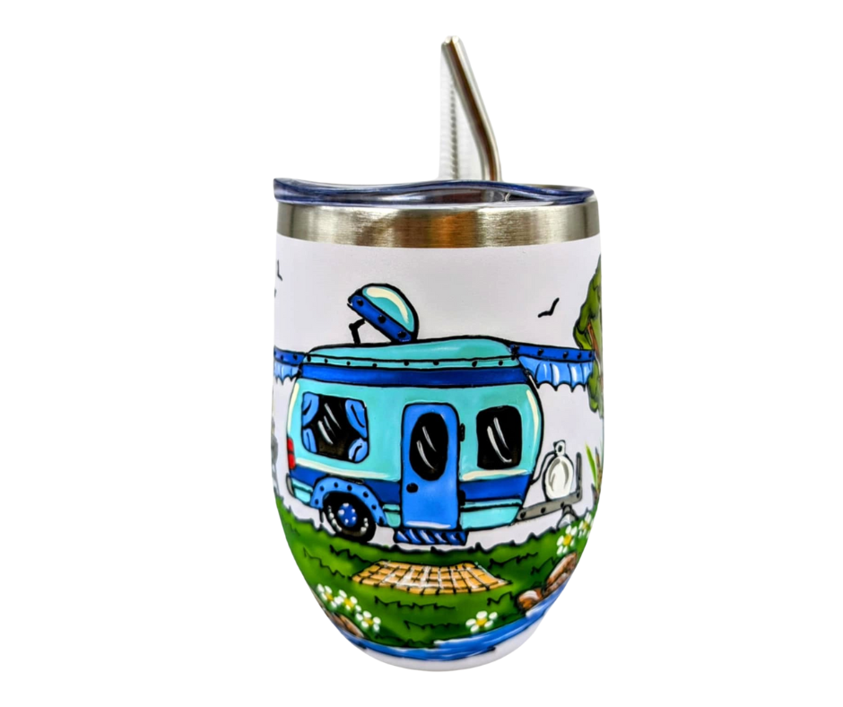 Gobelet isotherme roulotte de camping couleur aqua/bleue