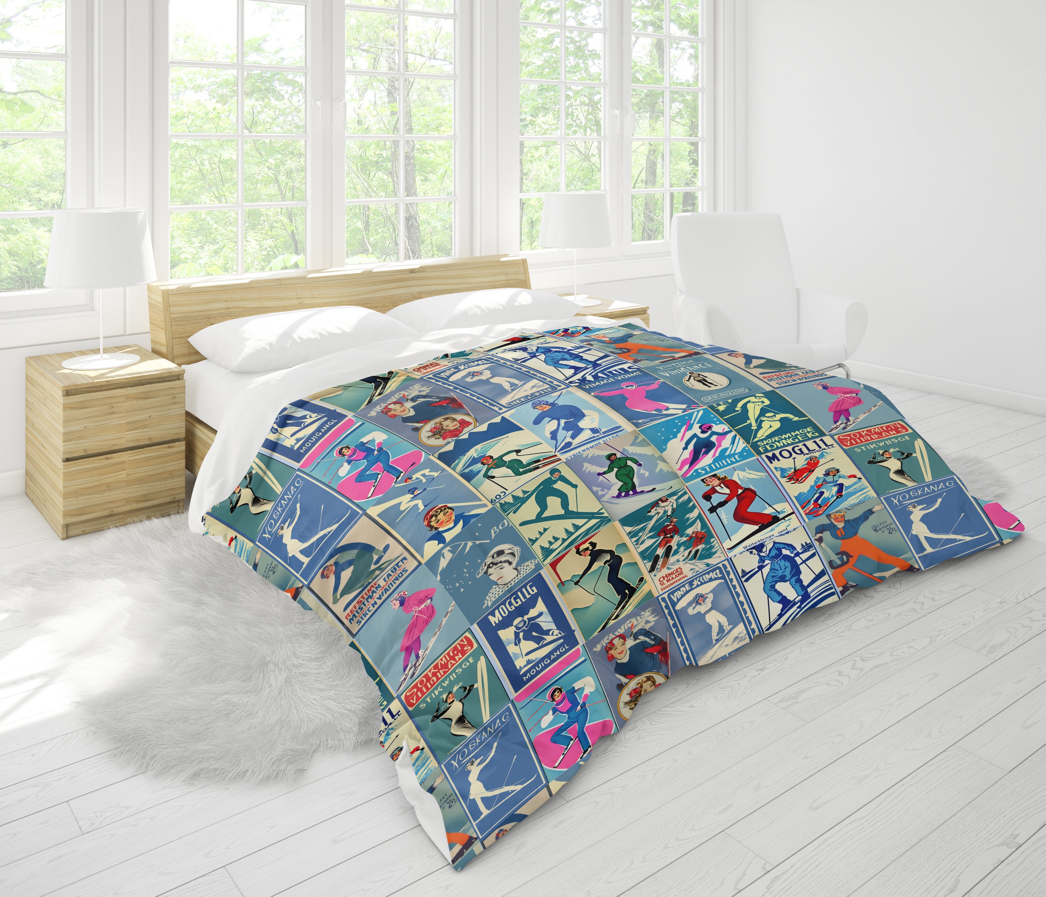 Housse de couette au style vintage Femme Ski en bleu Art Collage