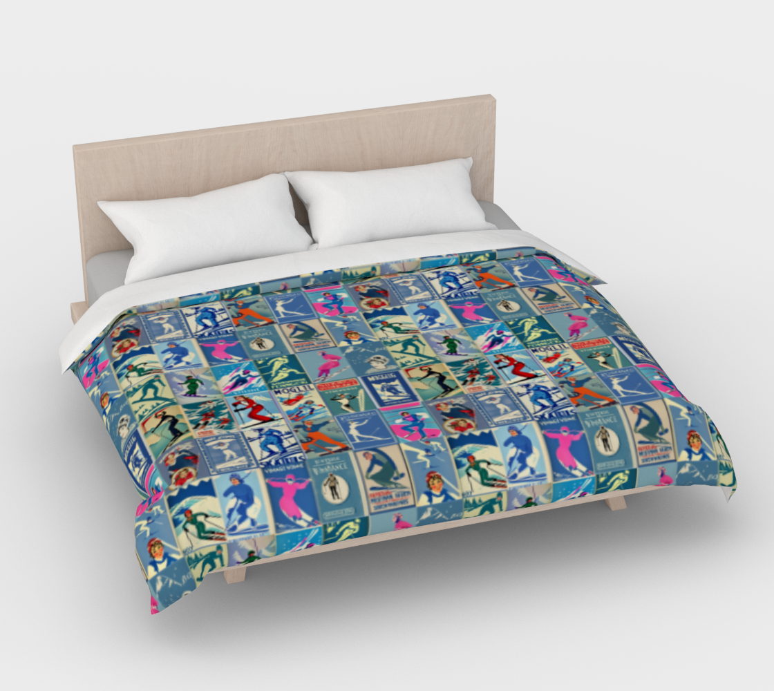 Housse de couette au style vintage Femme Ski en bleu Art Collage