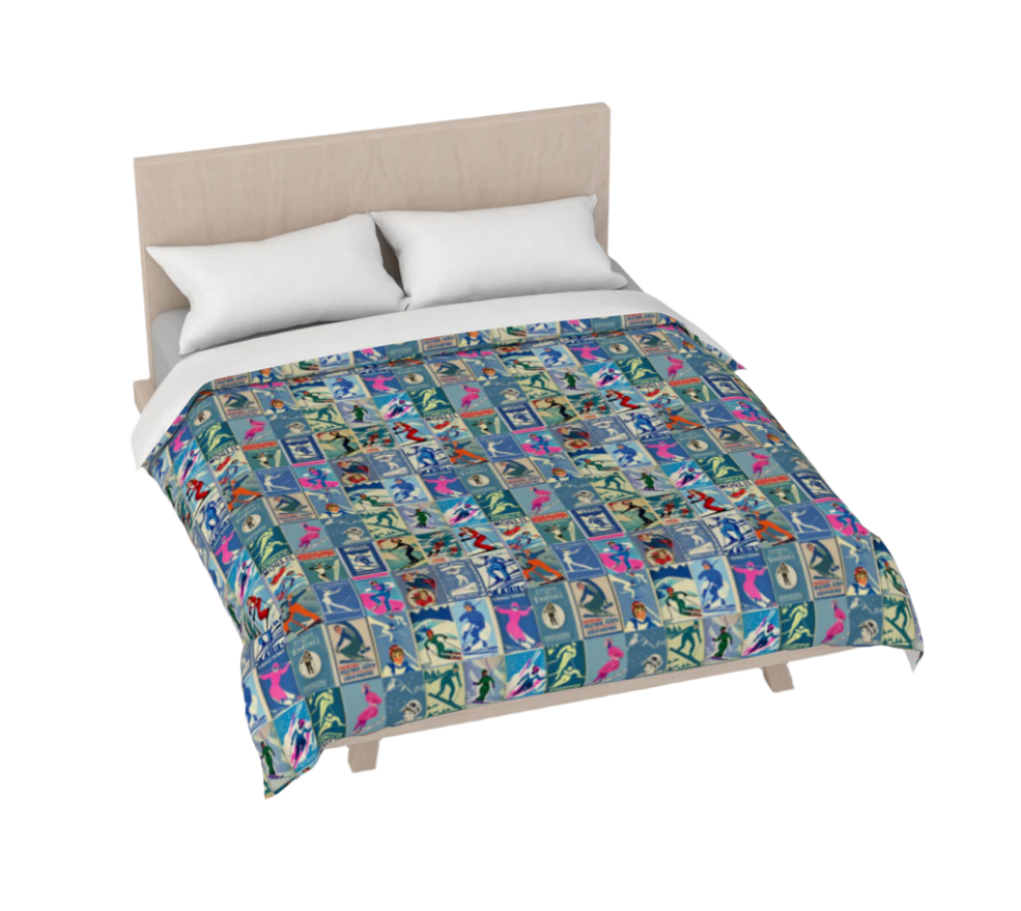 Housse de couette au style vintage Femme Ski en bleu Art Collage