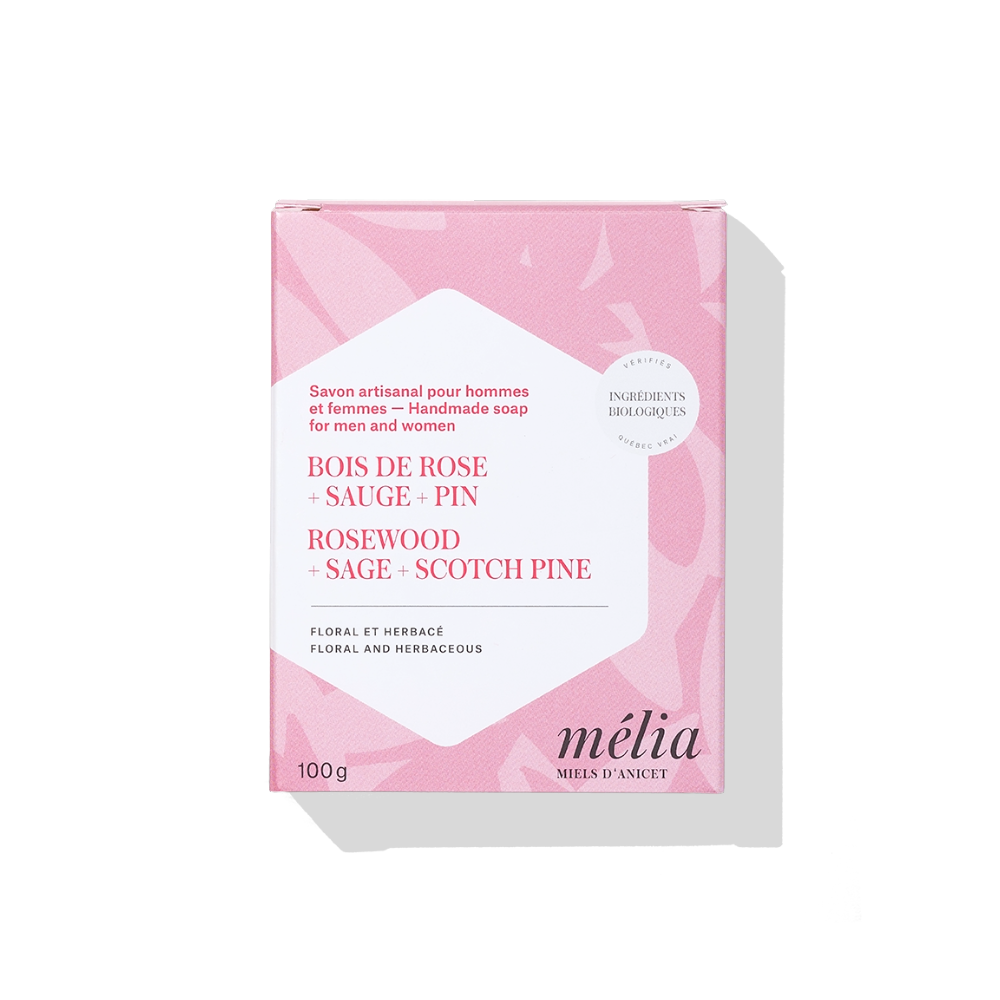 Savon artisanal au miel - Bois de rose + Sauge + Pin