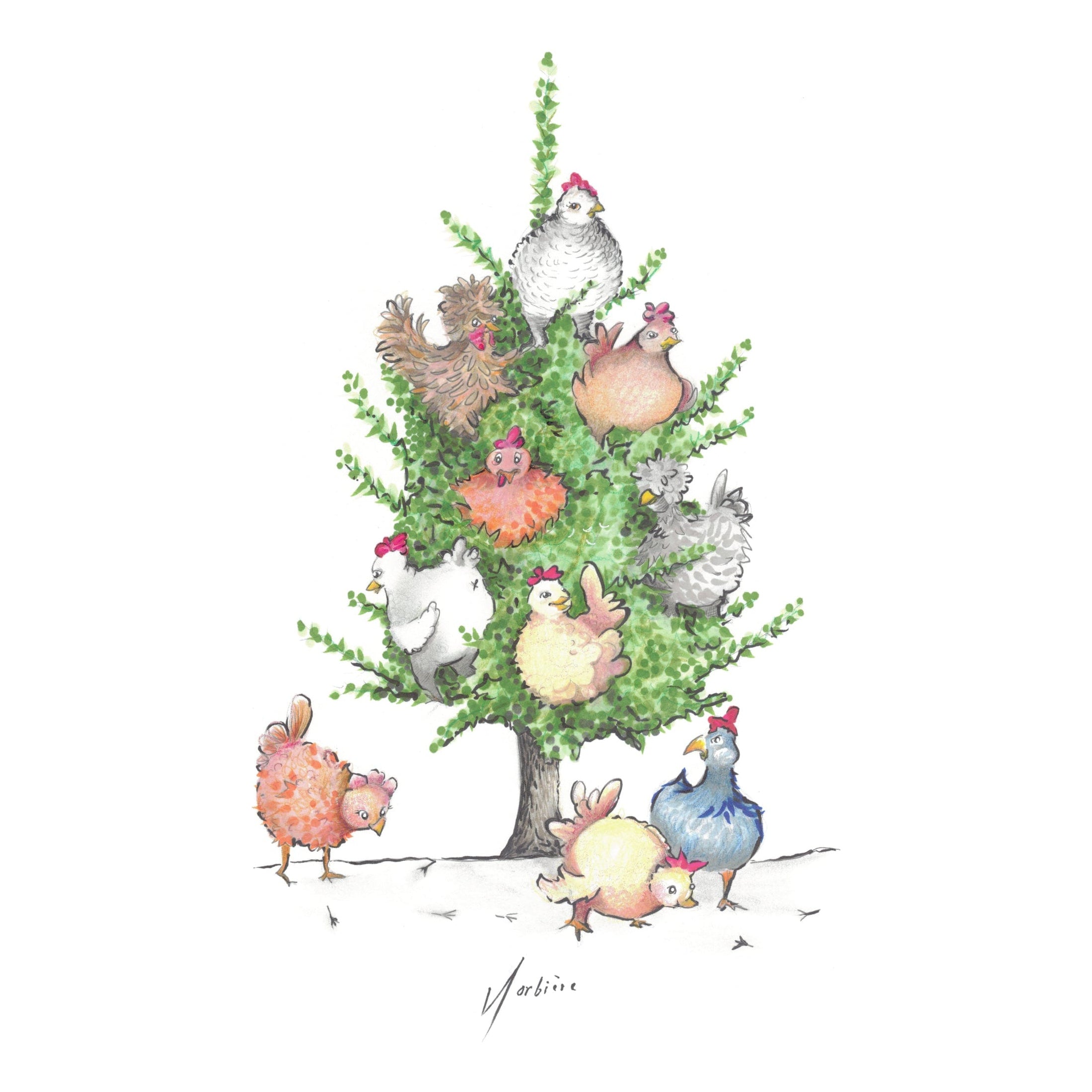 Carte de souhaits - Le sapin a des poules