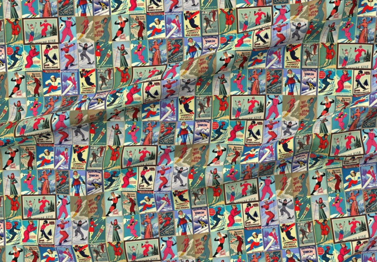 Tissu Vintage Style Femmes Skieuses Collage Art