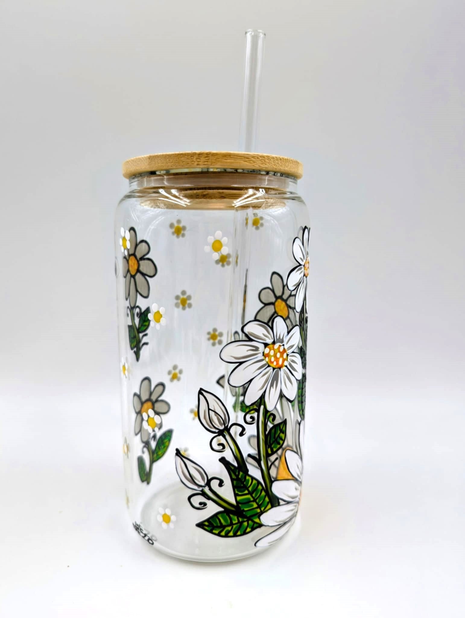 Verre canette marguerites blanches et petites fleurs