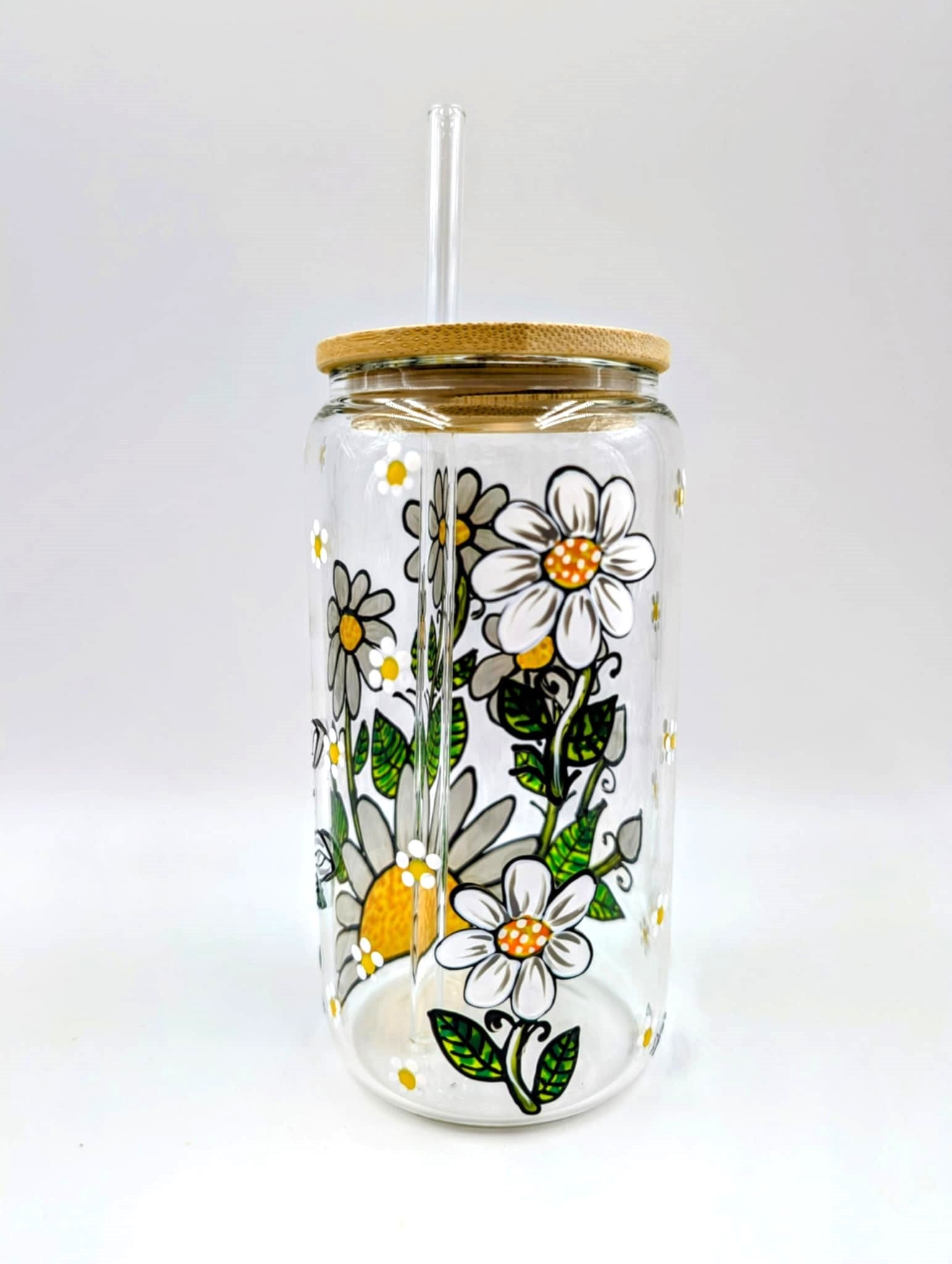 Verre canette marguerites blanches et petites fleurs