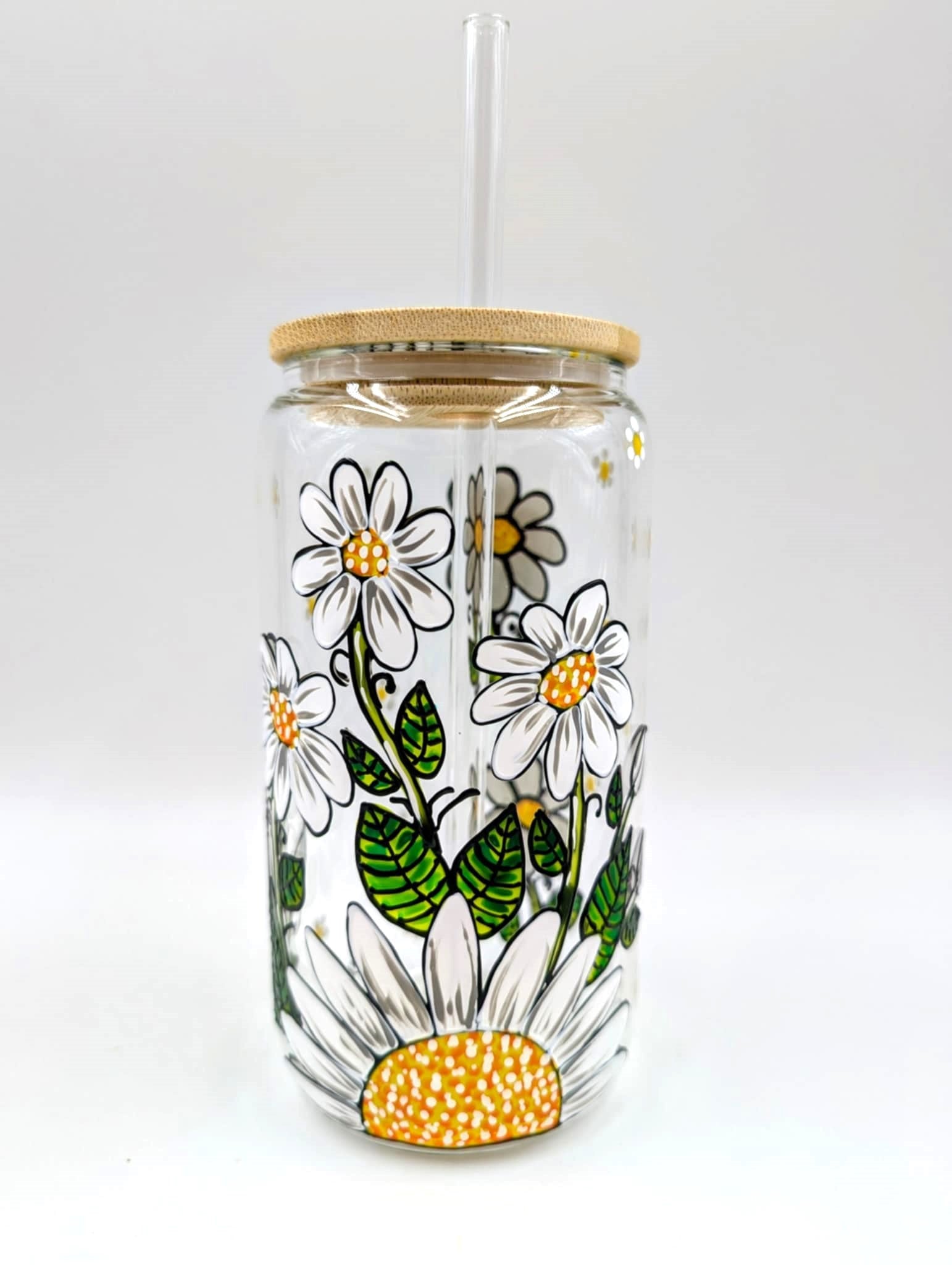 Verre canette marguerites blanches et petites fleurs