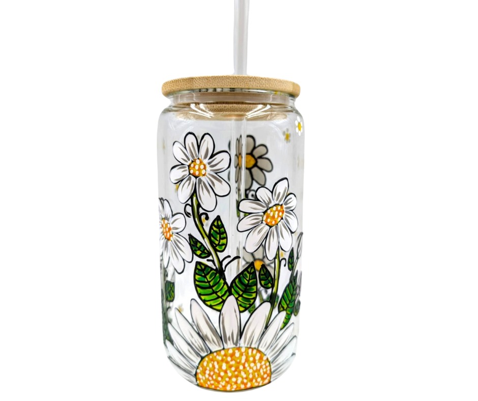 Verre canette marguerites blanches et petites fleurs