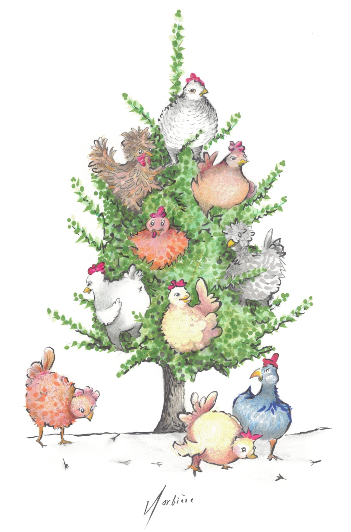 Carte de souhaits - Le sapin a des poules
