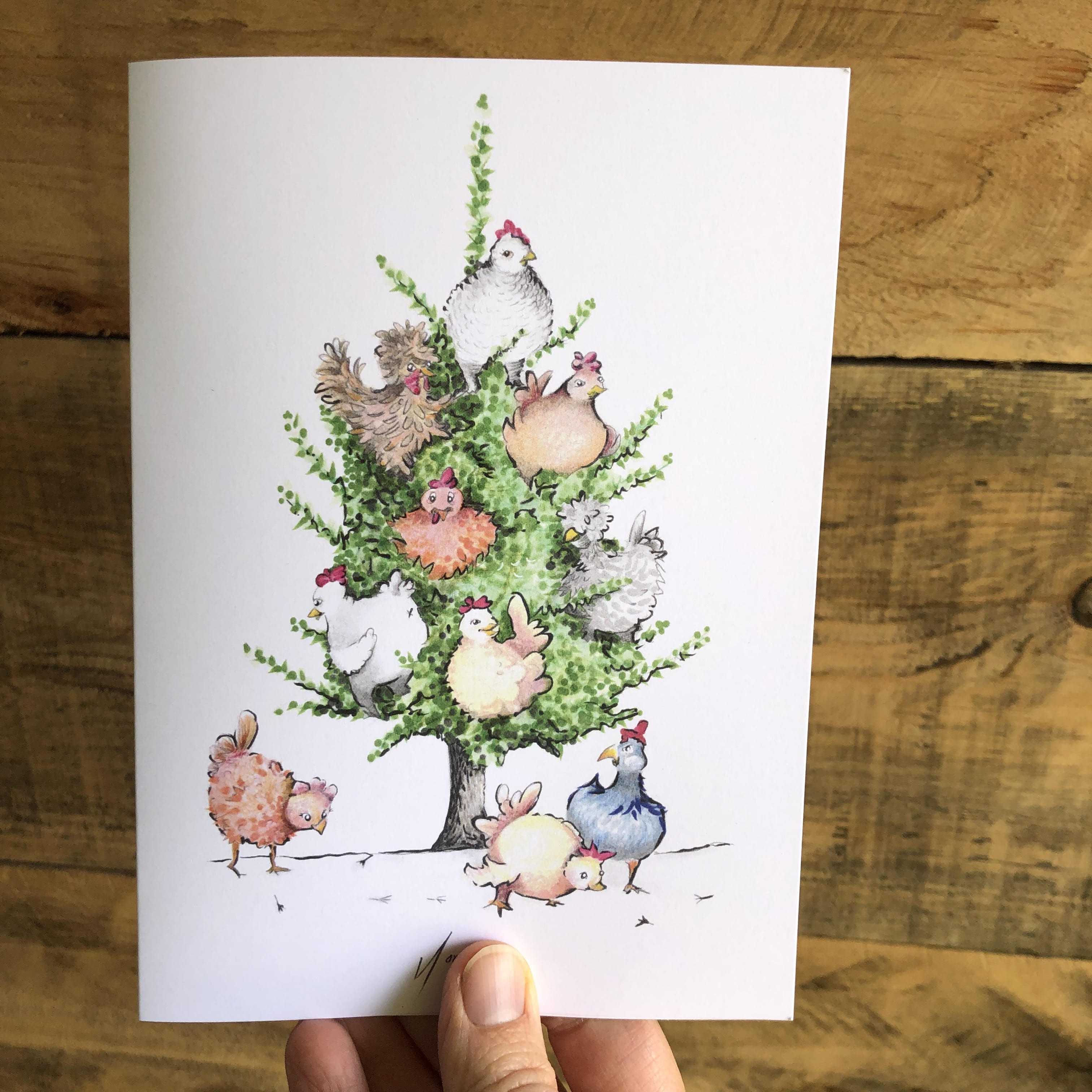 Carte de souhaits - Le sapin a des poules