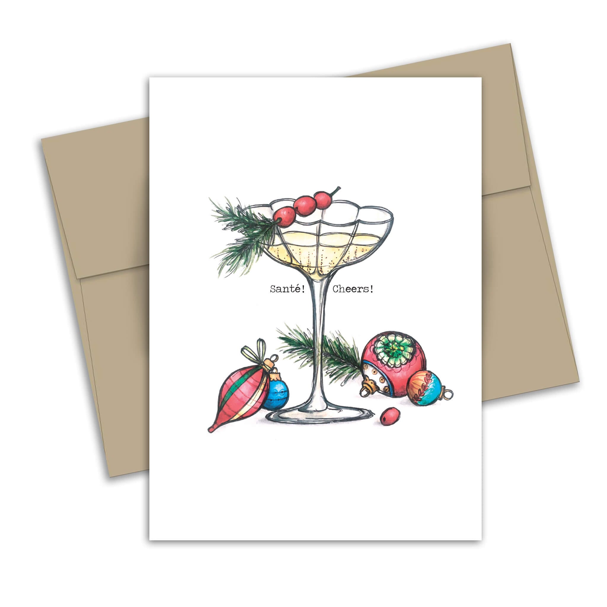 Carte de souhaits - Coupelle de champagne et ornements