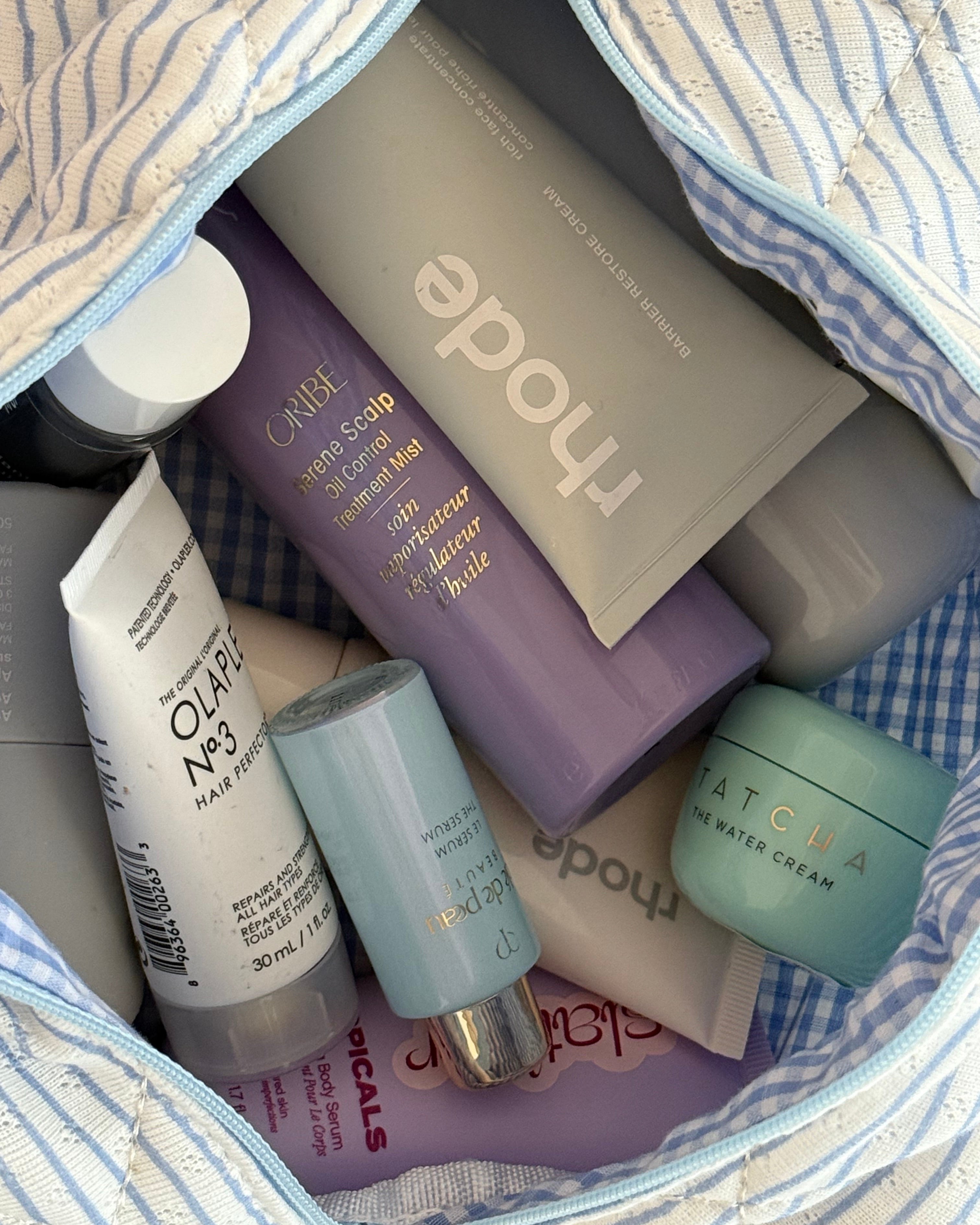 Trousse de maquillage bleu ligné