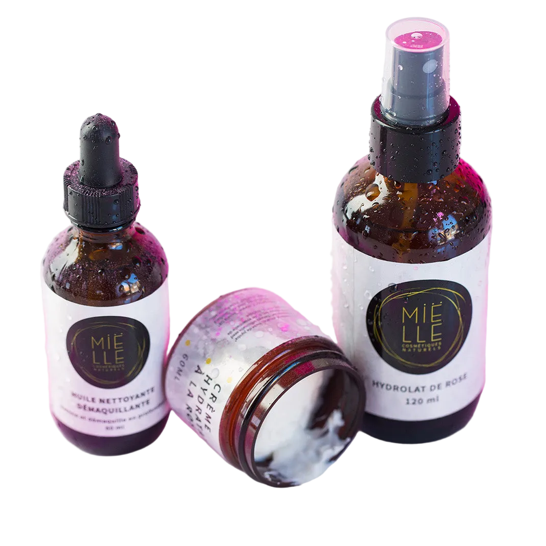 Trio soins du visage : Huile nettoyante démaquillante - Hydrolat de rose - Crème à la rose