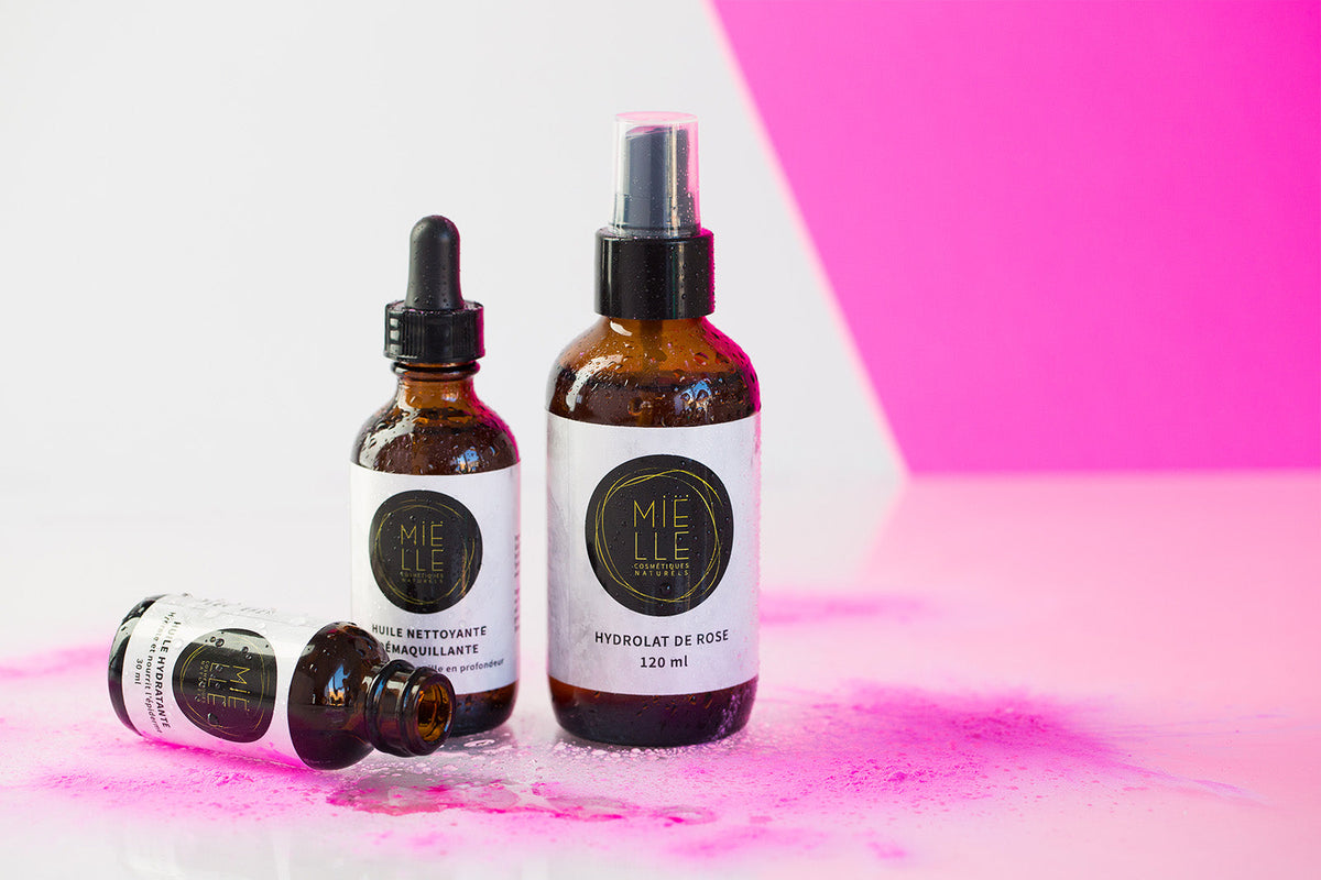 Trio soins du visage : Huile nettoyante démaquillante - Hydrolat de rose - Huile hydratante