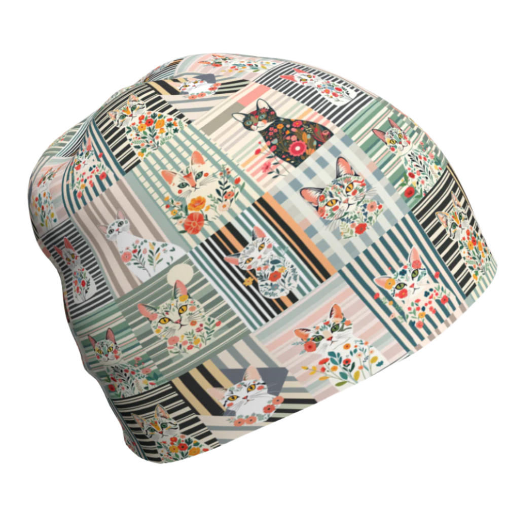 Bonnet avec collage unique de chat à rayures botaniques