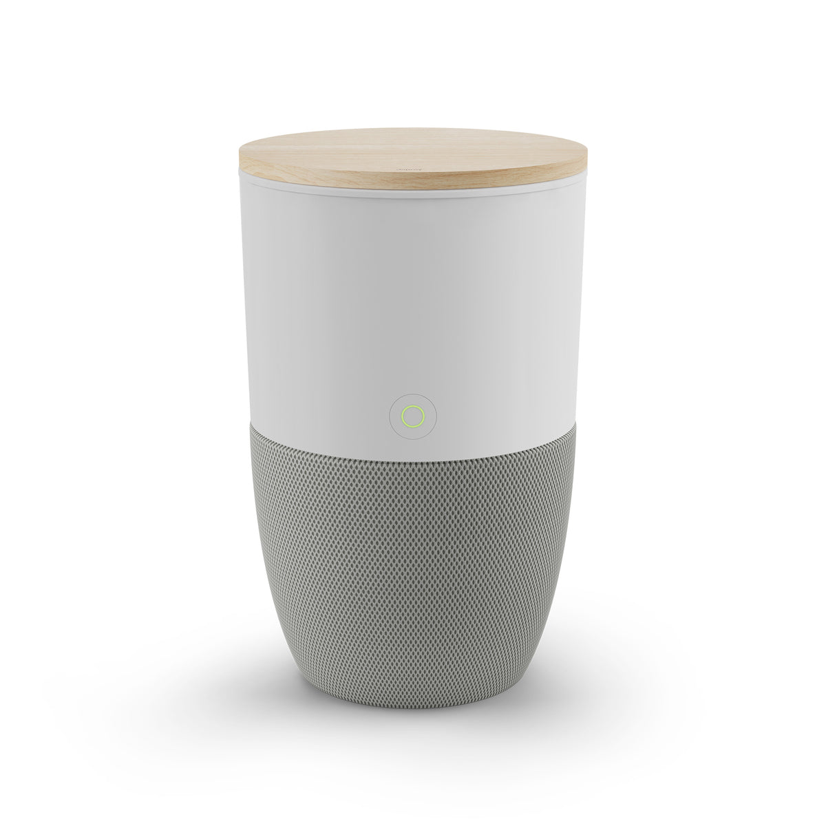 Dupray Bloom air purifier with oak accent table, on a white background