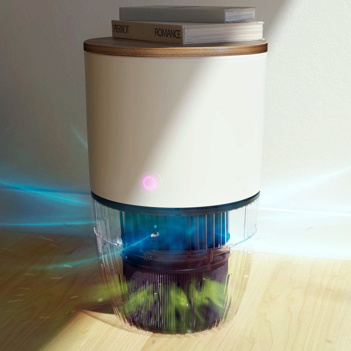 Air flowing through the filter of the Bloom air purifier with walnut top